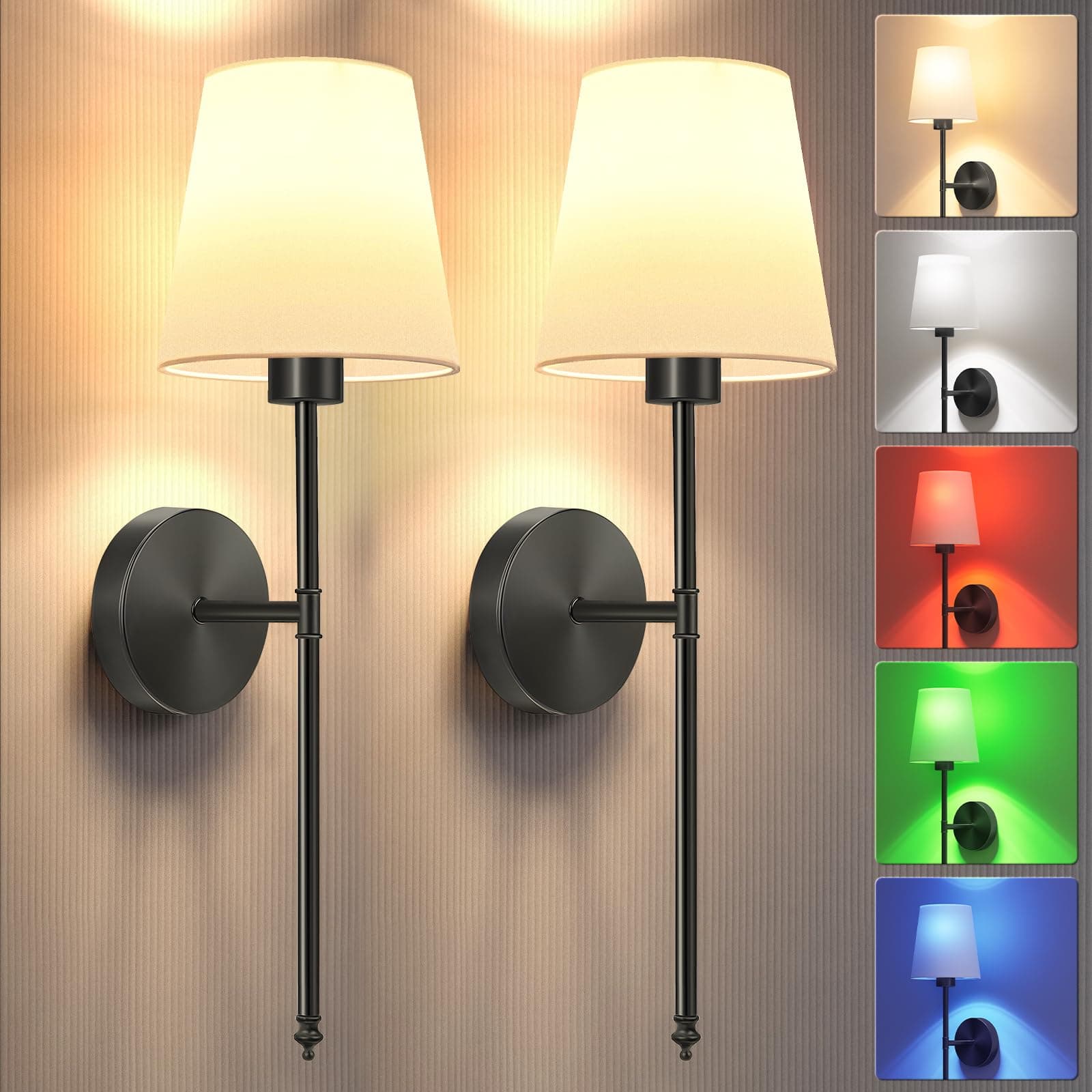 Battery Operated Wall Sconce Set of 2,Black Wireless Wall Sconce with 5200mAh Dimmable Detachable Bulbs and Remote, 10 Colors Rechargeable Sconces Decor for Bedroom Living Room Hallway