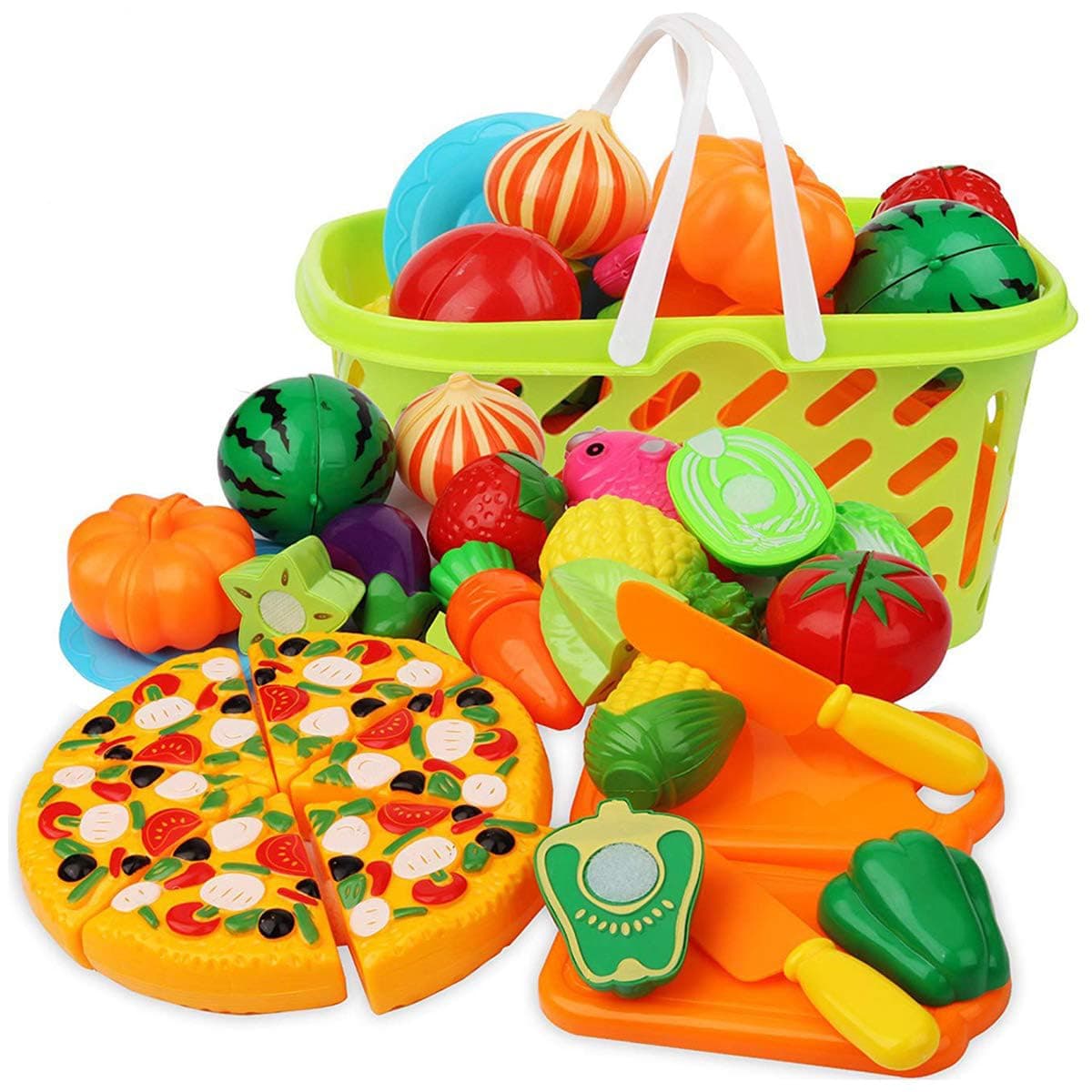 Cutting Play Food Kitchen Pretend - Grocery Basket Toys for Kids 40pcs Children Girls Boys Educational Early Age Basic Skills Development, Include Fruits Vegetables Pizza Knife Mini Dishes