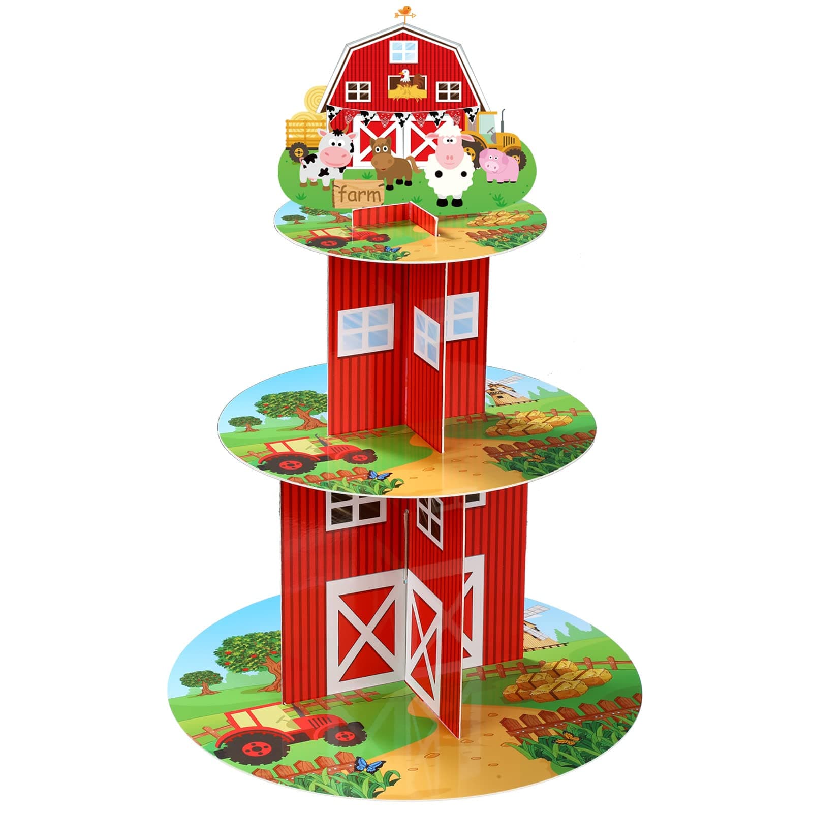 Zopeal Farm Cupcake Stand 3 Tier Farm Theme Animal Cup Cake Holder Stand Cardboard Farmhouse Dessert Tower Round Barnyard Pastry Serving Platter for Party Supply Birthday Baby Shower Party Decoration