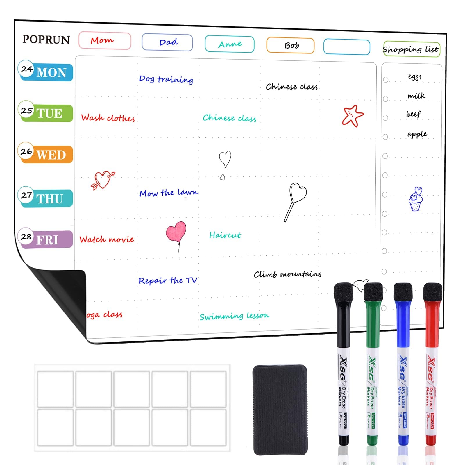 Magnetic Weekly Family Planner Whiteboard Calendar for Fridge, A3 Meal Planner Board,Chores Chart for Family and Kids, Fridge Calendar Monday to Sunday, Dry Erase Board for Menu,Memo 43 x 28 cm