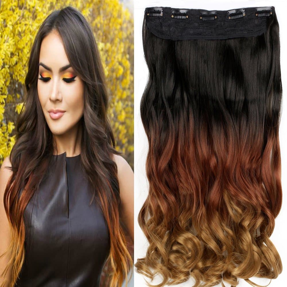 Neverland Beauty 22" One Piece Clip in Triple Ombre Three Tone Synthetic Curly Wavy Hair Extensions Brown Black to Sandy Red to Sandy Brown