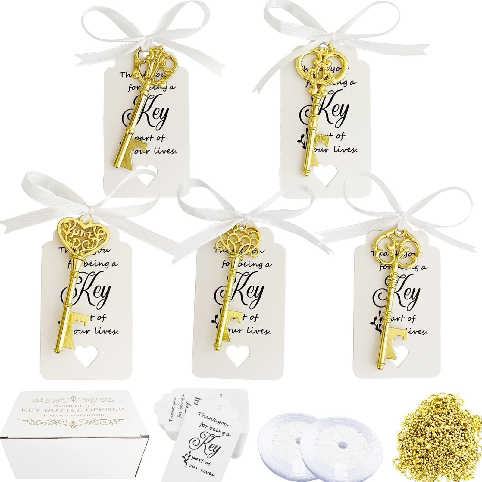 WODEGIFT 100 PCS Bridal Shower Favors Key Bottle Openers,Wedding Favors,Gifts,Decorations or Souvenirs for guests Bulk,Bridal Shower Party Favors with Card Tag and Chains (Gold)