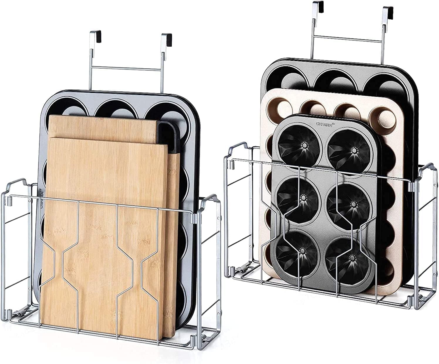 2 Pack Over the Door/Wall Mount Cabinet Organizer Storage Basket for Kitchen or Pantry to Place Cutting Board, Aluminum Foil, Plastic Wrap Mesh Silver