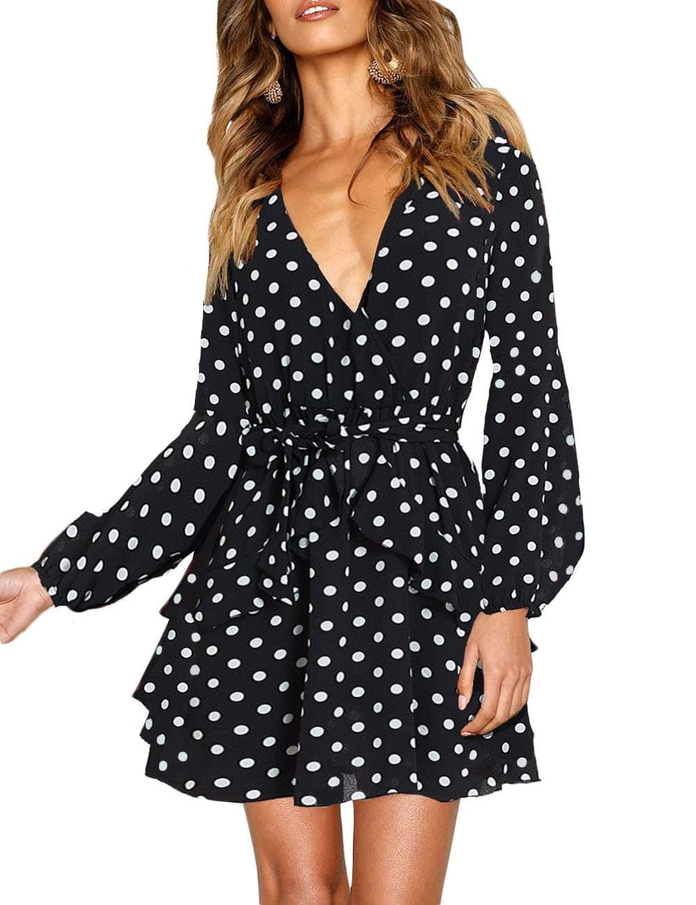 UGUEST Women Long Sleeve V Neck Dress, Floral Mini Swing Party Wedding Guest Dress with Belt