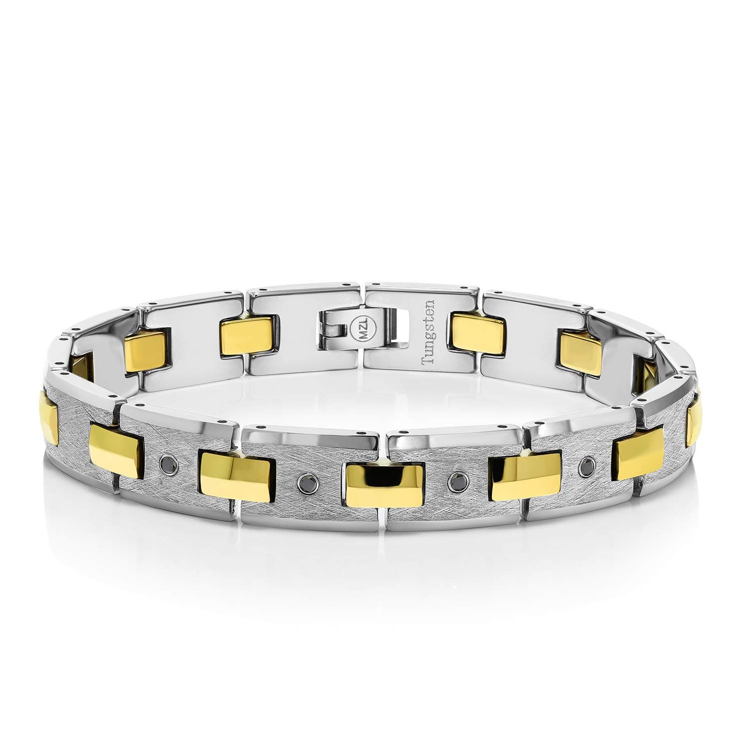 Gem Stone KingMen’s Matte Finished Tungsten 4 Black Diamond Bracelet with Gold Plated Connector Links & Safety Clasp (0.15 Cttw, VS-SI Clarity, Lifetime Scratch Proof Guarantee, 8.5 Inches in Length)