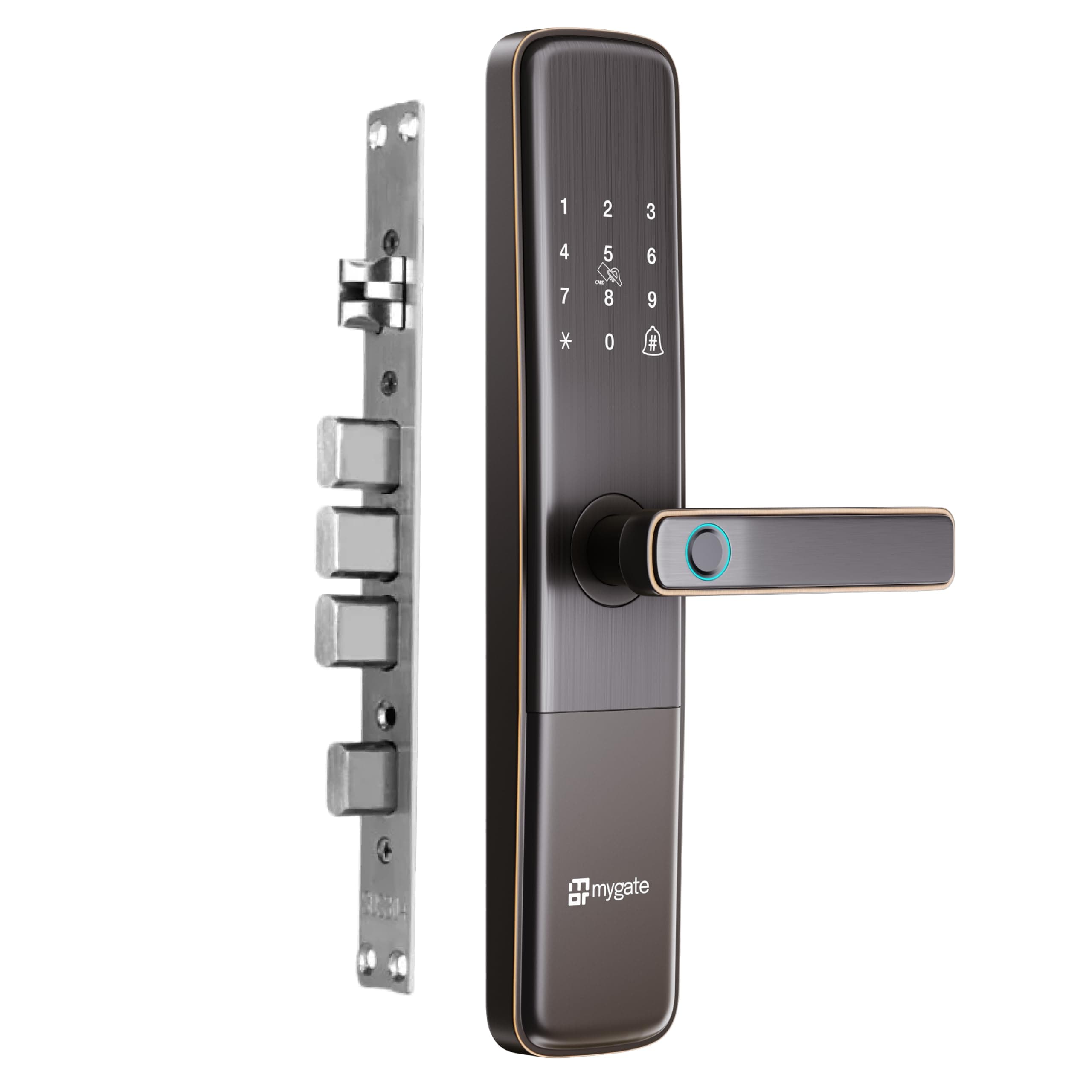 Mygate Smart Door Lock Plus with 6-Way Unlock | Fingerprint, PIN, Mobile App, RFID Card, Manual Keys | Remote Unlocking via OTP | for Main Wooden Doors |3-Year Warranty by Mygate