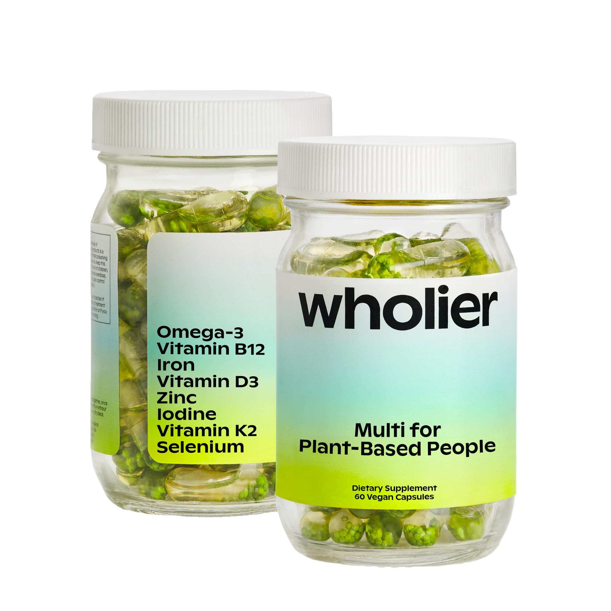 wholier - Plant-Based Multivitamin. Omega-3 DHA + EPA, Vitamin D, Vitamin B12, Zinc, Vitamin K2, Iron, Iodine, Selenium. 60 Count (30-Day Supply) Glass Bottle