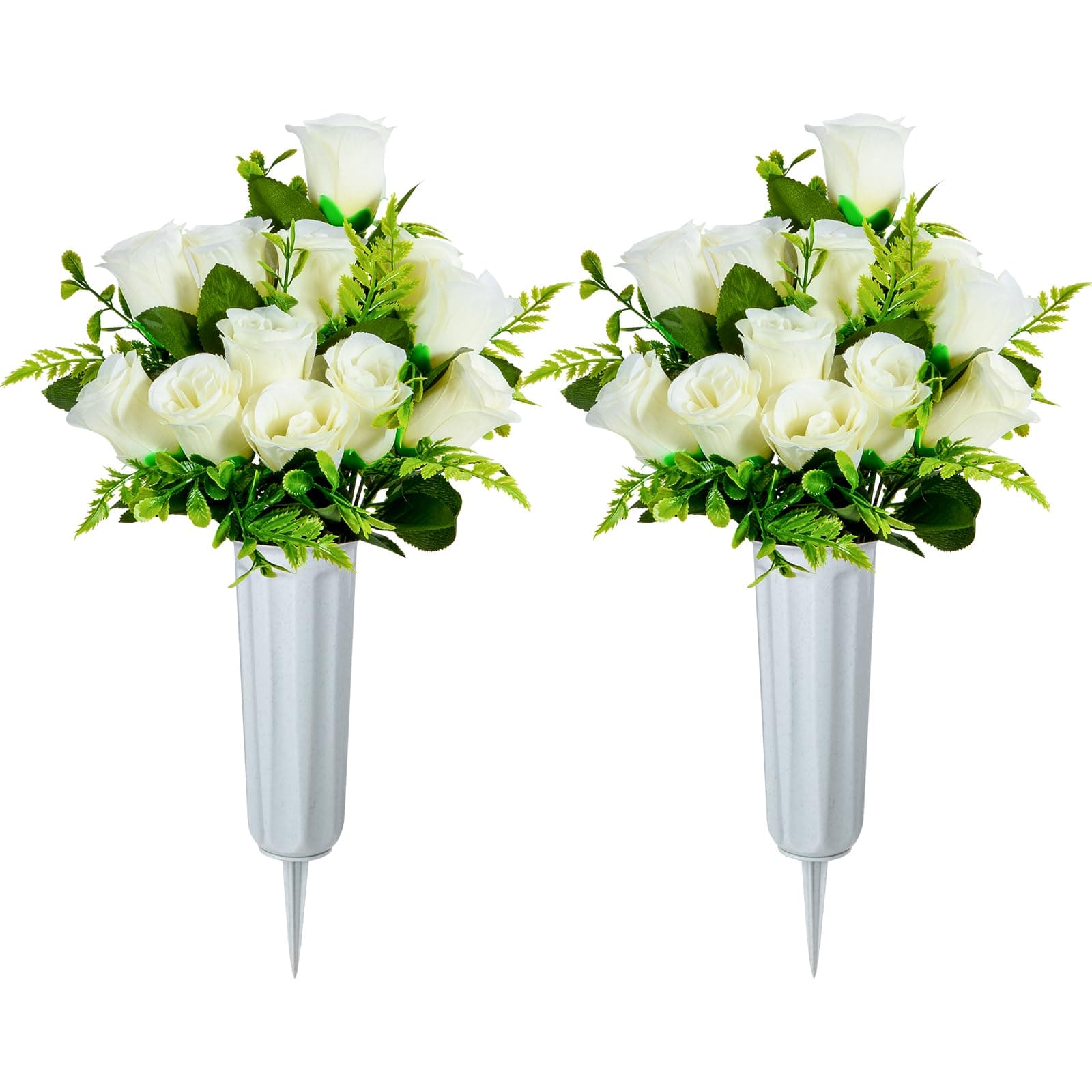XONOR Artificial Cemetery Flowers, Set of 2 Artificial Rose Bouquet Grave Memorial Flowers with Vase for Cemetery Headstones Decoration (White)