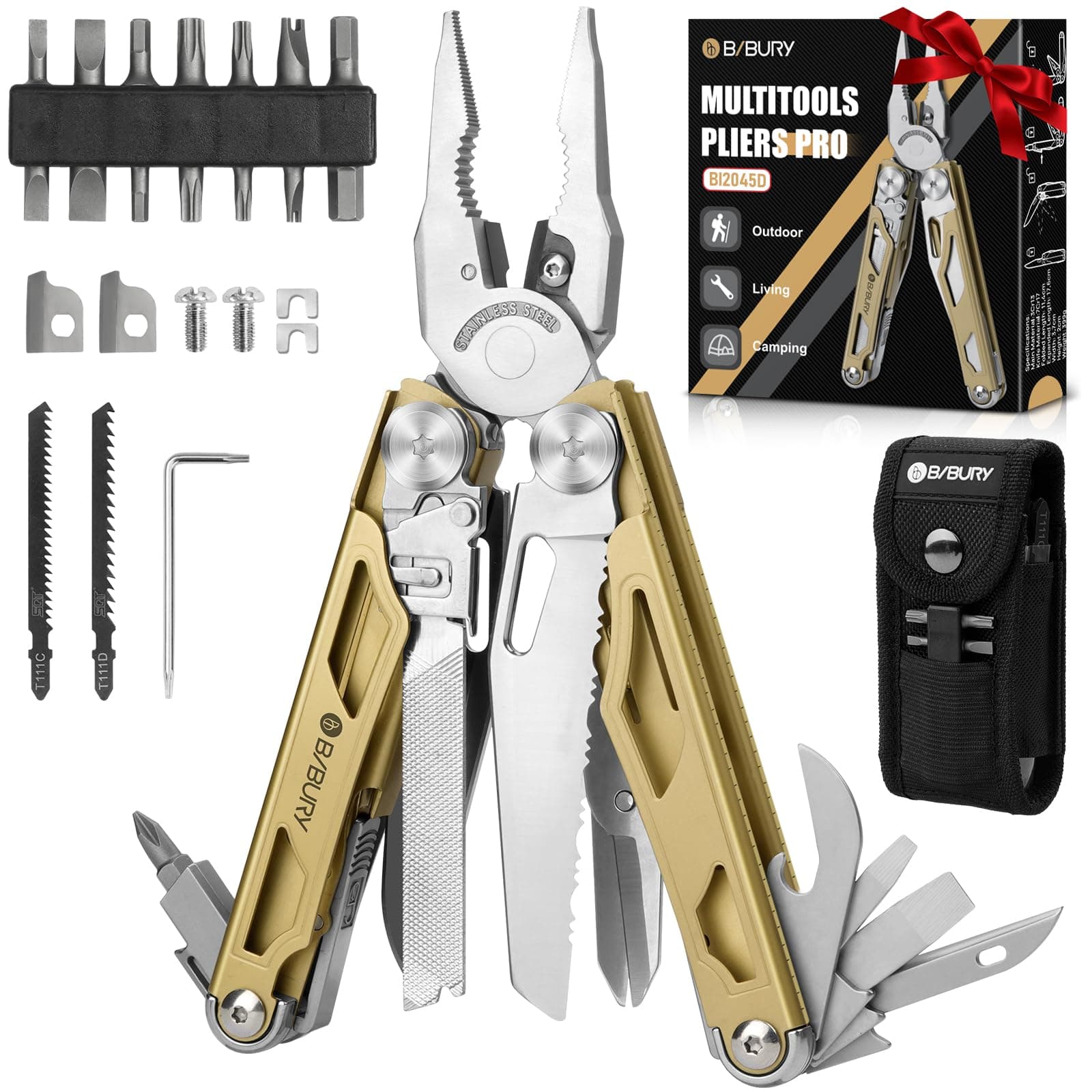 Multitool Pliers Pro BI2045, Foldable Multitools with Replaceable Wire Cutters and Saw, Stainless Steel Multi Tool w/Upgraded Scissors and Screwdriver Set, Ideal for Camping, Hiking, Survival