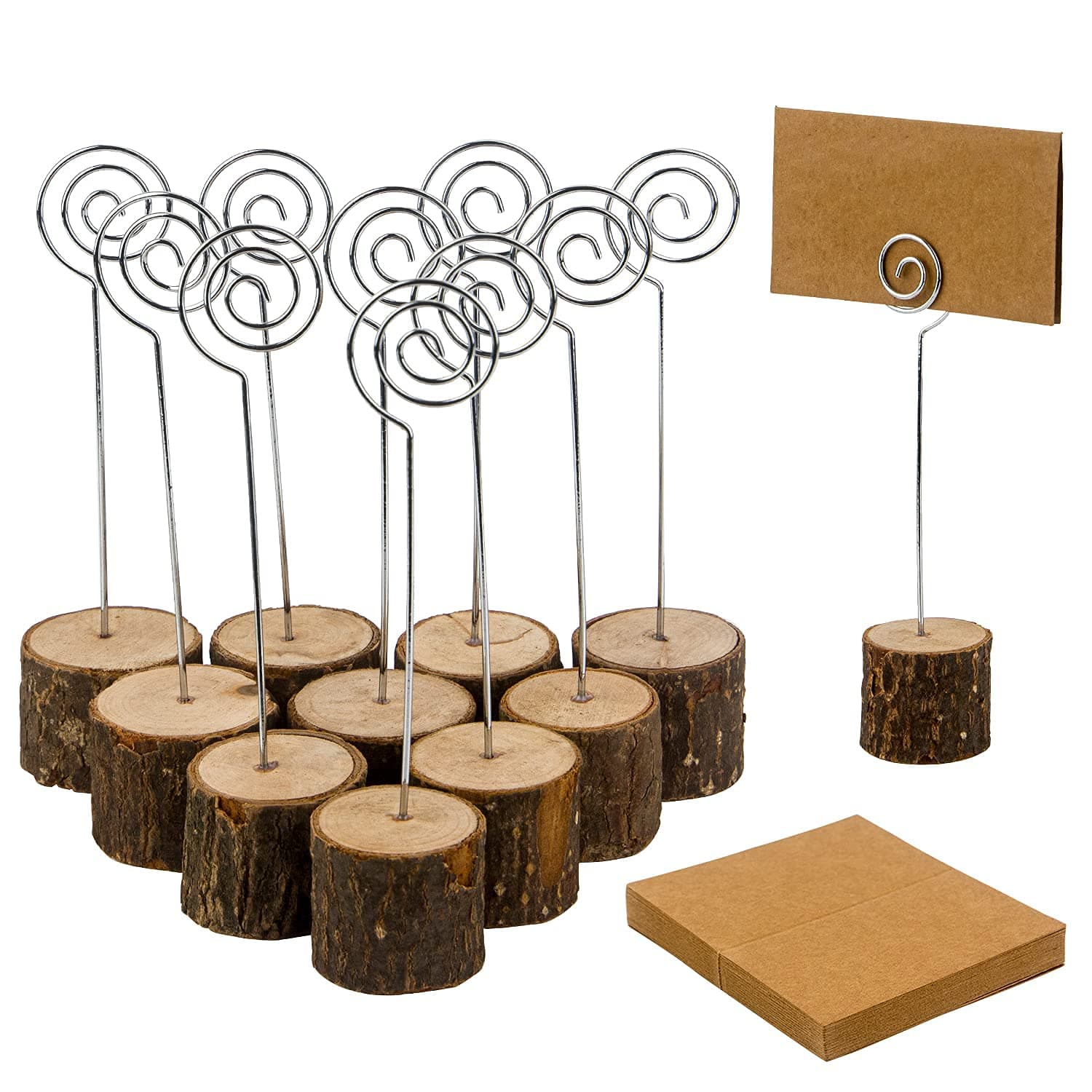 DELFINO Wood Place Card Holders, 10 Pcs Premium Wood with Swirl Wire and Kraft Place Cards for Party Decoration Notes, Pictures, Shop Display, Tags, Office Desk, Photos and Name Cards