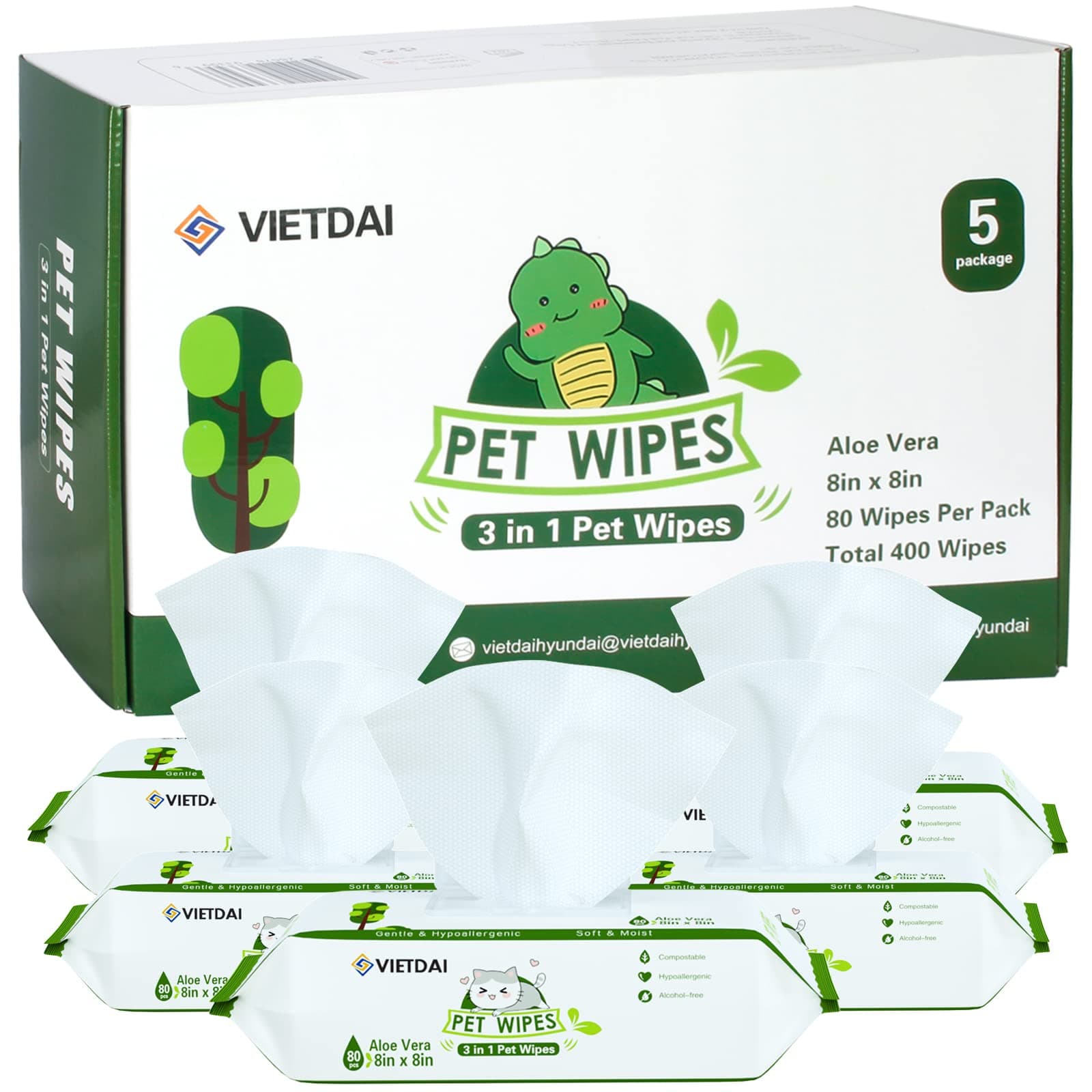 VIETDAI Cat Wipes Dog Wipes Hypoallergenic Pet Wipes for Dogs Paws Cleaning Deodorizing, Thick Large Pet Grooming Wipes with Aloe Vera and Vitamin E Puppy Wet Wipes for Eyes Ears Face Body 400 Count