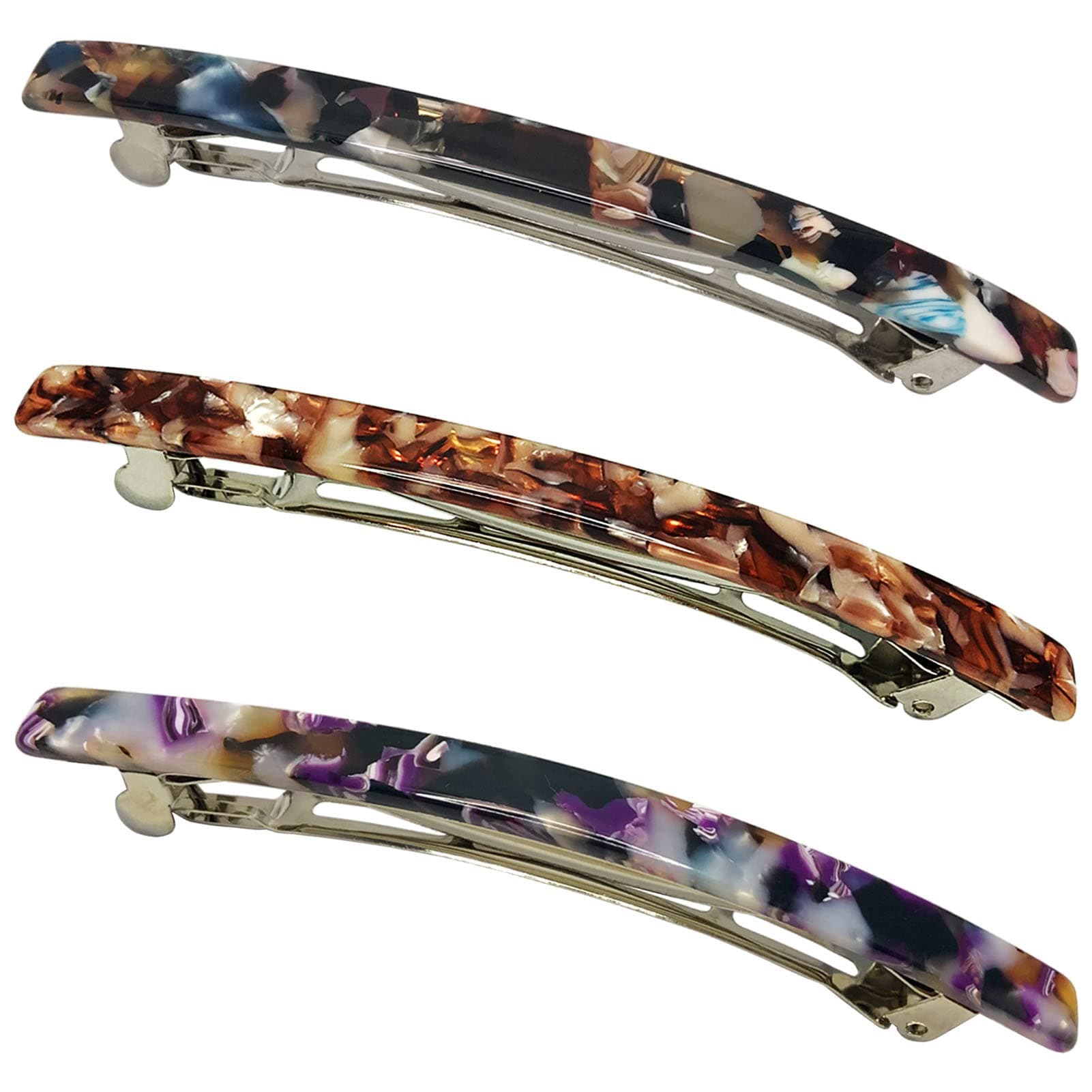 Long French Hair Barrettes 4 Inch Large Hair Clips for Women Thick Hair Automatic Clasp Clamp Pins Resin Nonslip Grip Ponytail Holders, Stylish Hair Accessories 3 Pack (Brown Black Purple)