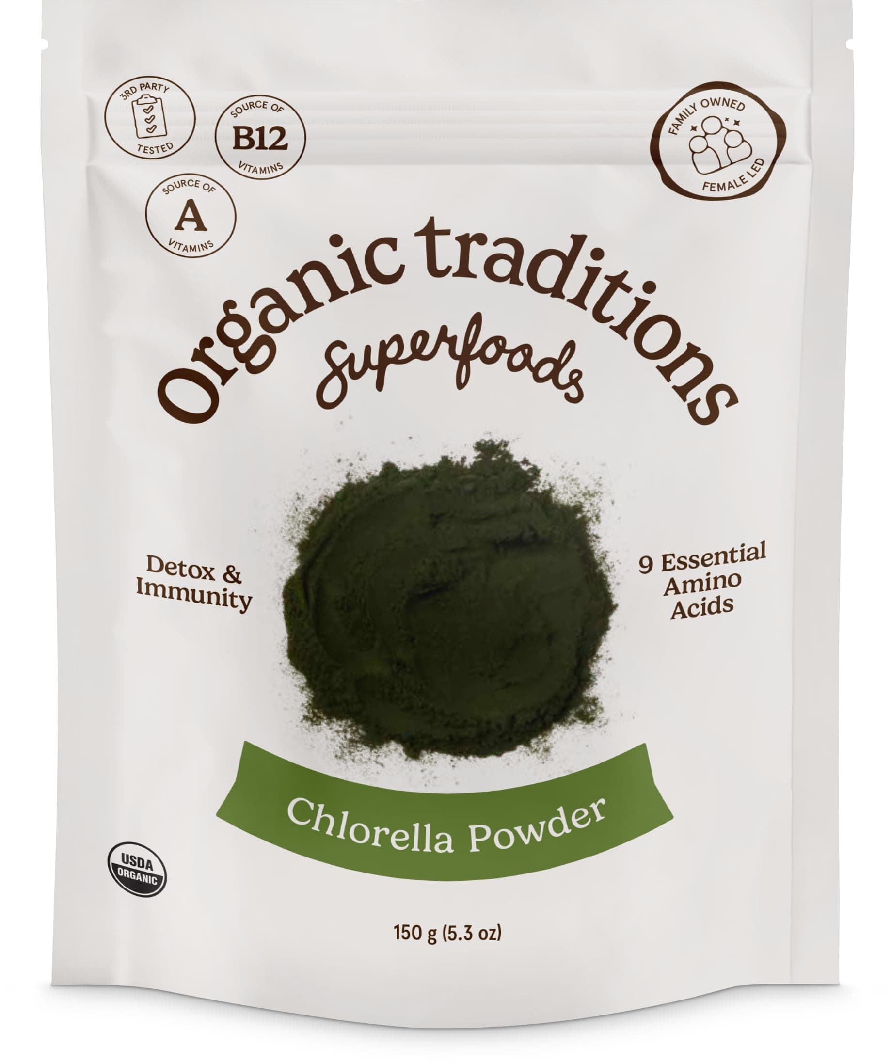 Organic Traditions Chlorella Powder, Broken Cell Wall Algae with Plant Based Protein, Essential Amino Acids, Chlorophyll & Nutrients, Eenergy Drink, Non GMO Superfood for Daily Blends, 150g/5.3oz Bag