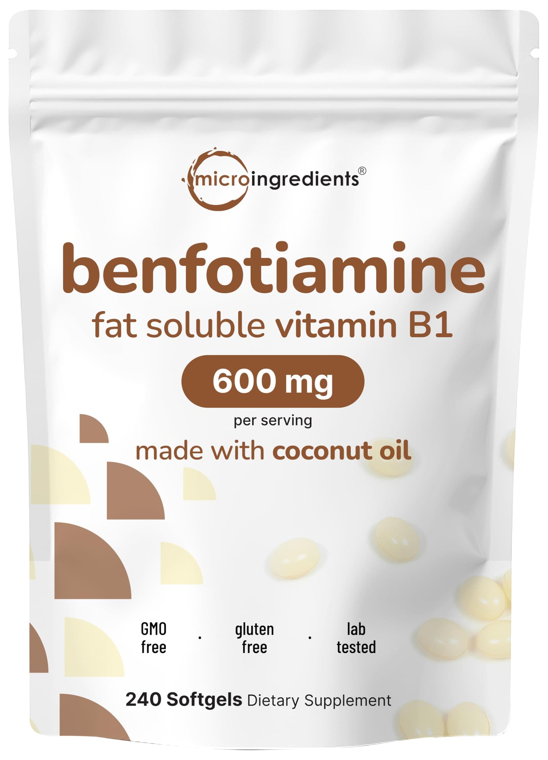 Vitamin B1 Benfotiamine 600mg Per Serving, 240 Coconut Oil Softgels | Bioavailable B Vitamins Supplement, Converted to Active Thiamine | Non-GMO, Soy Free