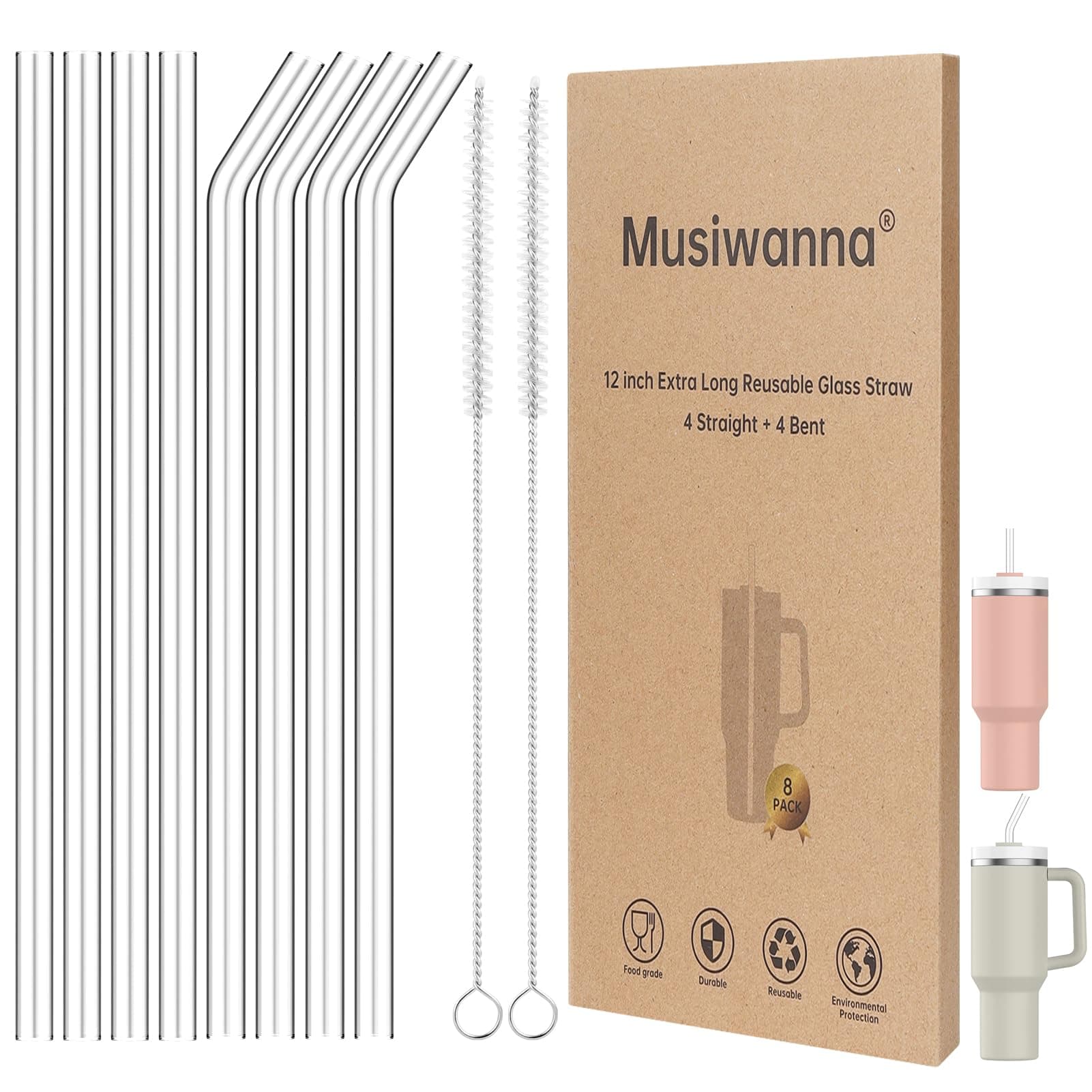 Replacement Glass Straws Compatible with 30/40oz Stanley Cup, 8Pcs 31cm/12in Long 1cm Diameter Straw Set with 2Pcs Brush, Extra Long Drinking Glass Straws for Stanley 0.89 L/1.2L Cup