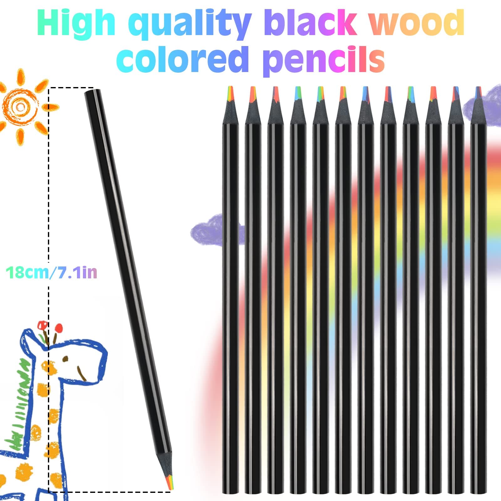 nsxsu Stocking Stuffers Art Supplies, 12 Pcs 7 in 1 Black Wooden Rainbow Pencils Bulk, Multicolored Pencils Assorted Colors for Adults Drawing Coloring Sketching, Pre-sharpened