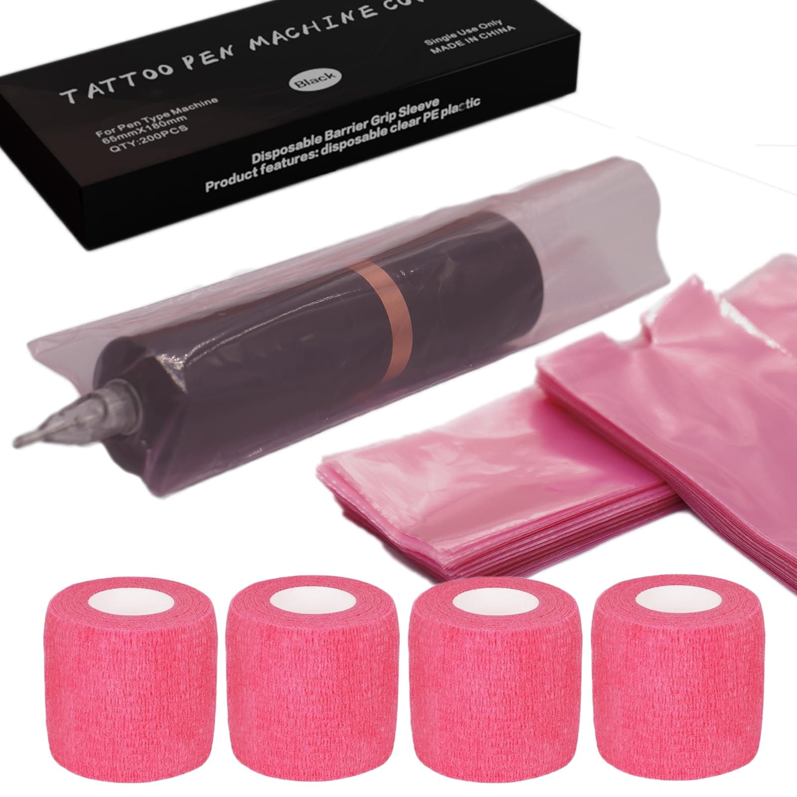 200 Pink Tattoo Pen Covers 4 Grip Tapes Large Tattoo Machine Covers Tape Wrap Supplies