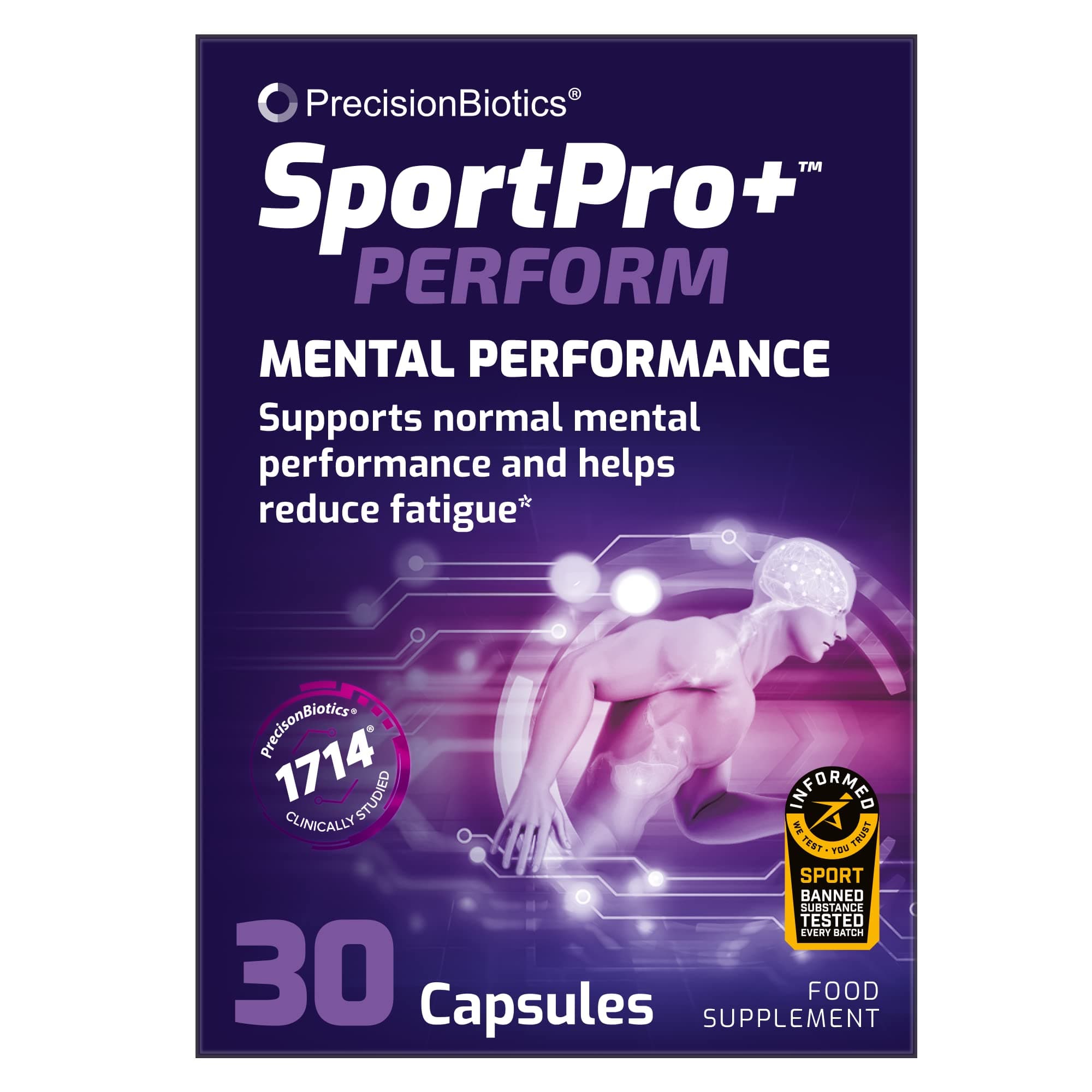 SportPro+ Perform by PrecisionBiotics - Live Bifibacterium Longum Bacterial Culture Plus Vitamin B6, Vitamin B12 - Supports Mental Performance - Helps Reduce Fatigue - 30 Probiotic Capsules