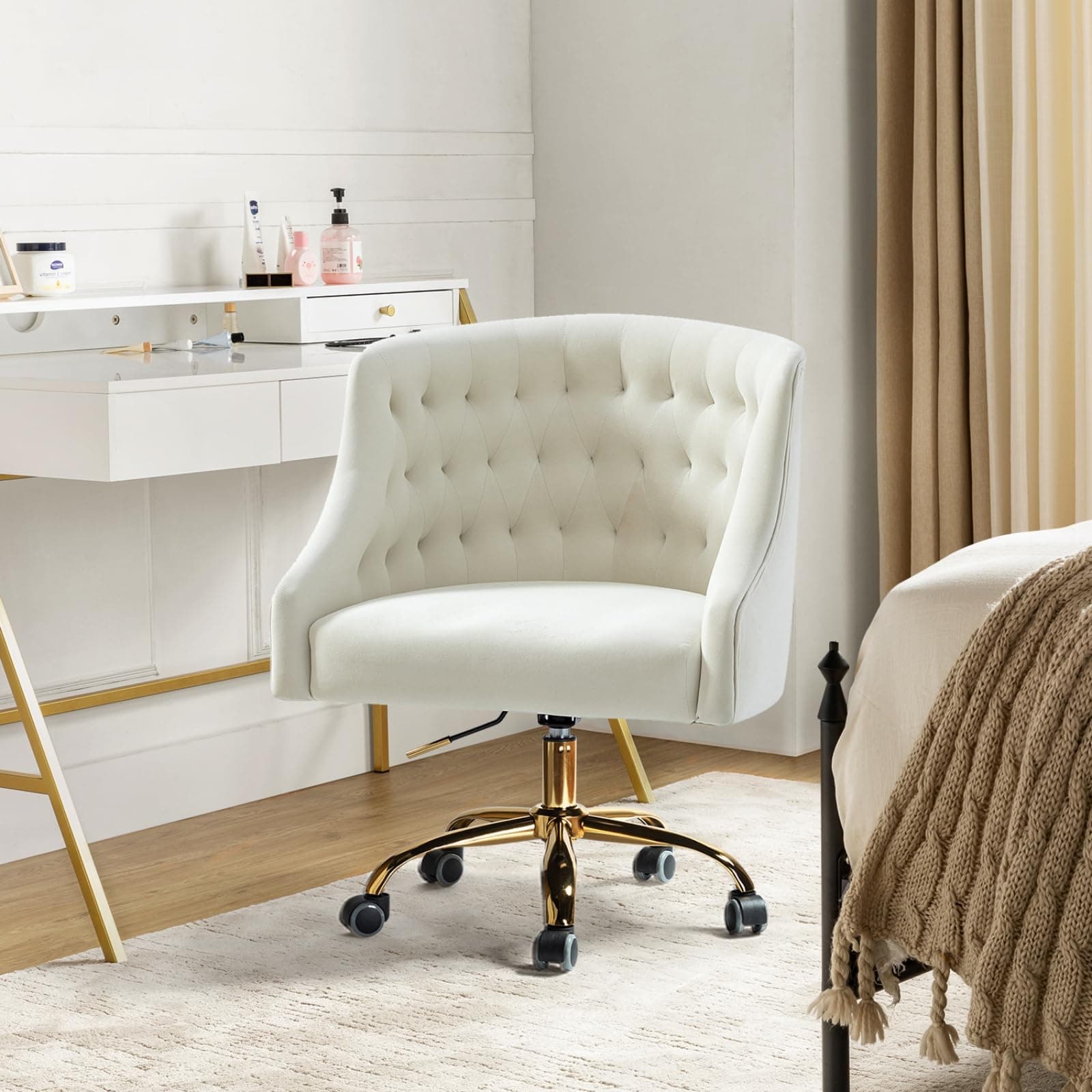 HULALA HOME Swivel Office Chair Velvet Cream Dressing Table Chair Height Adjustable Comfy Desk Chairs with Backrest for Home Office, IVORY