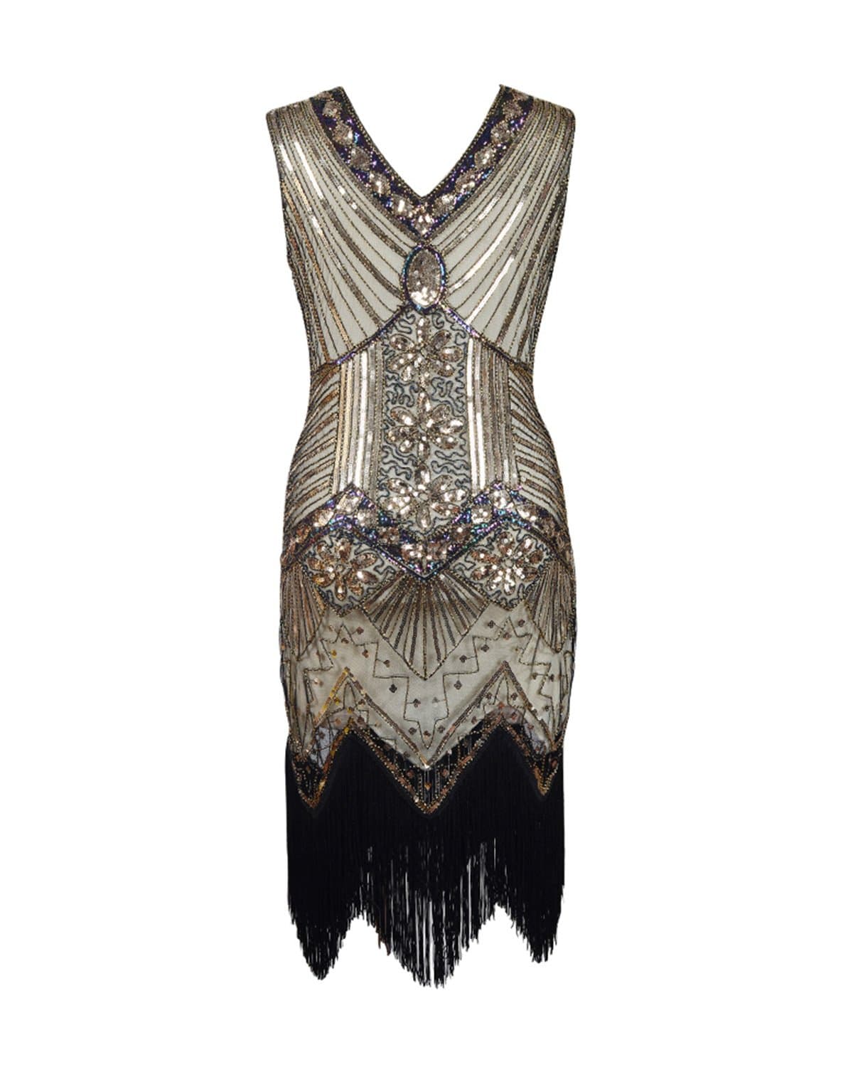 Women's 20s Gatsby Dress Fringed Sequin Party Dress (L, Golden Yellow)