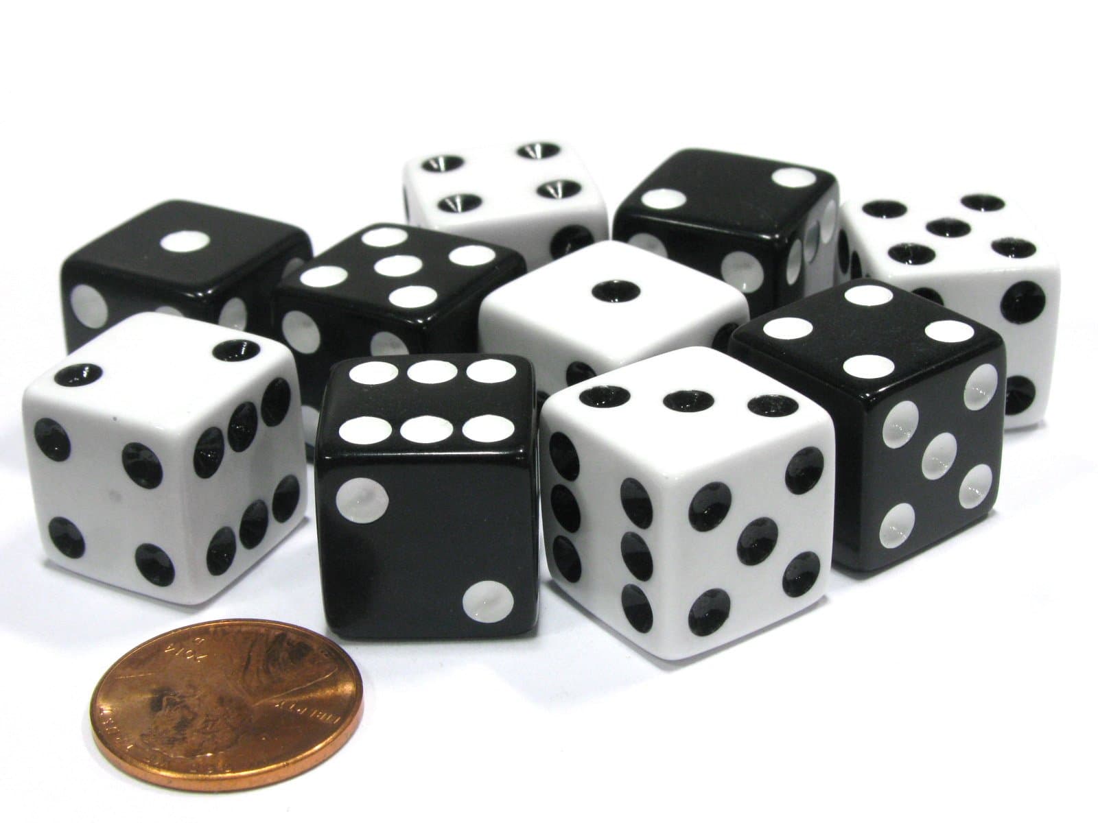 Set of 10 Six Sided 16mm D6 Dice - 5 Black w White Pip and 5 White w Black Pip by Koplow Games