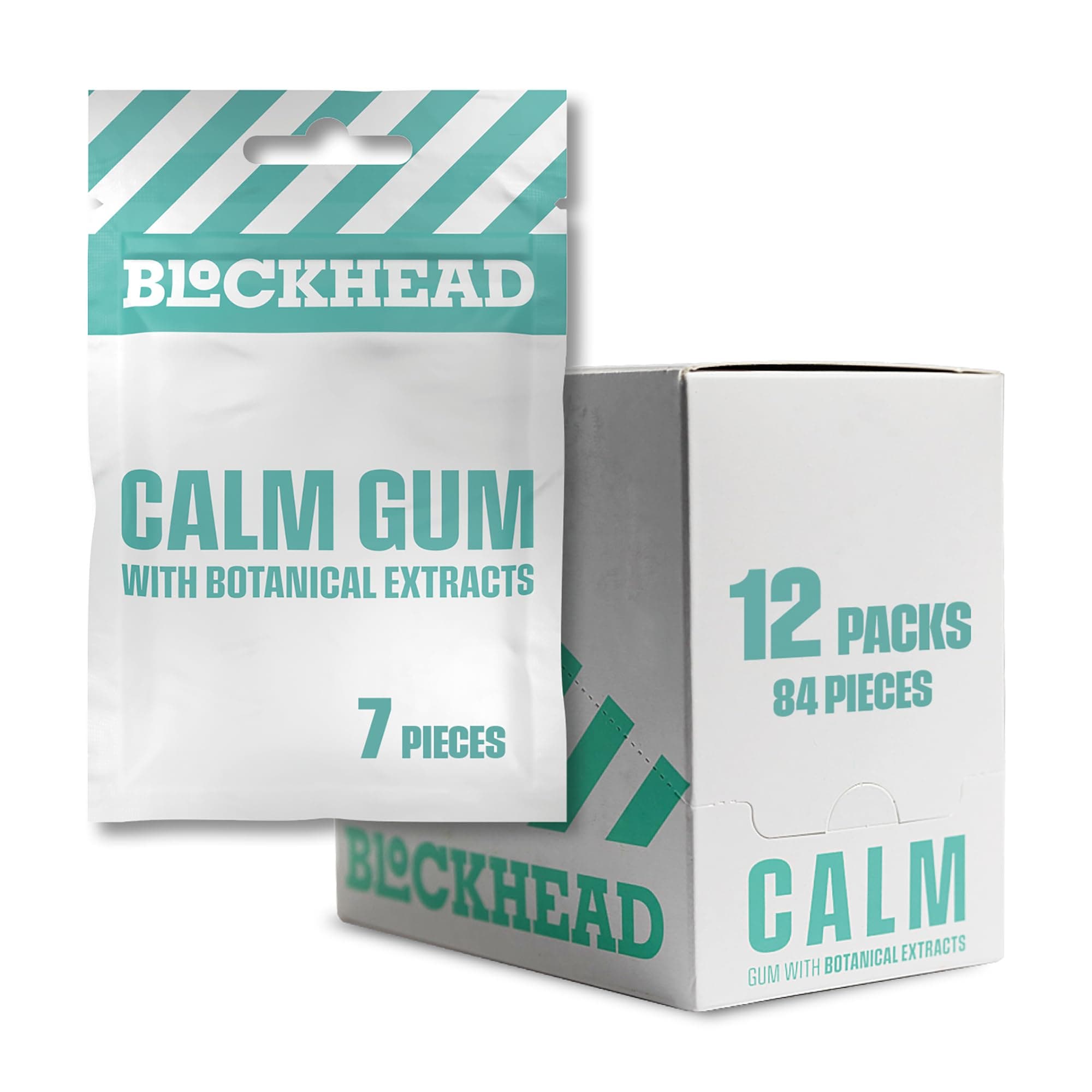 BLOCKHEAD Biodegradable Calm Gum - 12 Packs of 7 Pieces (84 Pieces Total) Botanical Extracts (Hawthorn and Passion Flower Extract), Vitamin B5, Vitamin B6, L-Tryptophan, Spearmint |