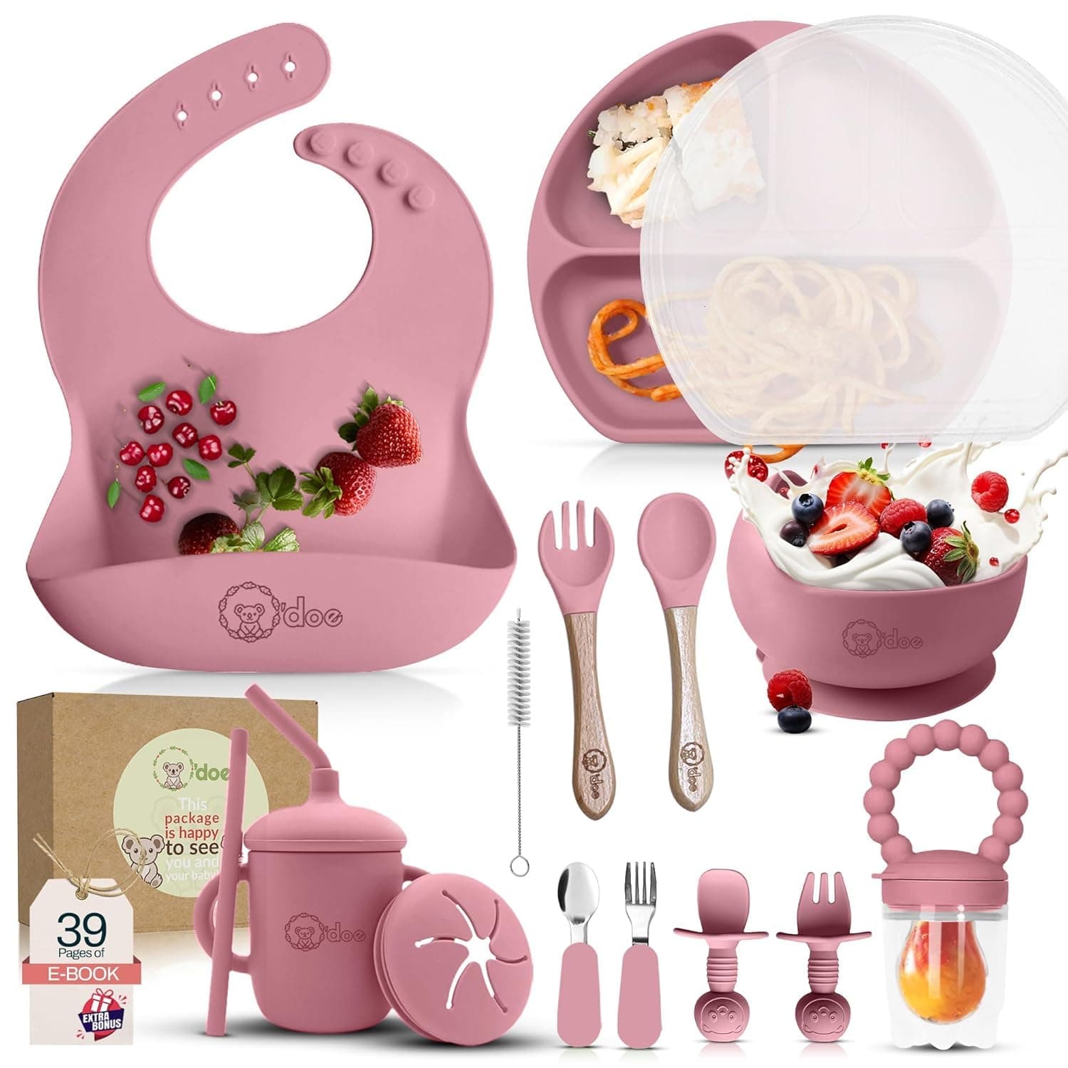 O'doe 17-Piece Baby Weaning Set | Led Weaning Supplies for Toddlers | Silicone Feeding Set BPA-Free, Bowl, Self-Eating Utensils, Spoons, Bibs, Sippy Cup, Food Plate Kit With Lid | Pink V2