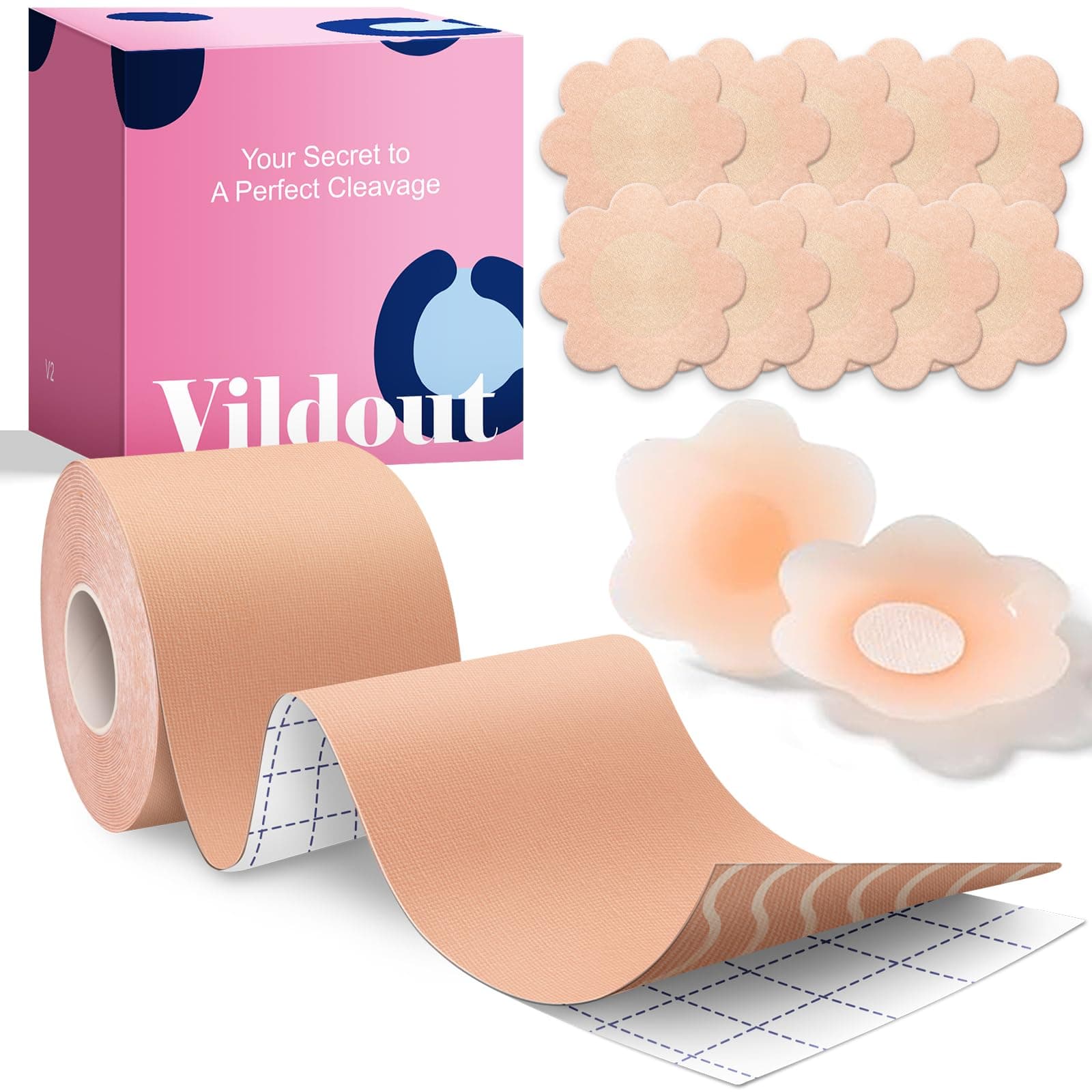 Boob Tape Kit - Boobtape for Breast Lift with Petals and Covers, Breathable Sticky Adhesive Bra Tape, Push Up Boobytape for Large Breasts A-G Cup Beige