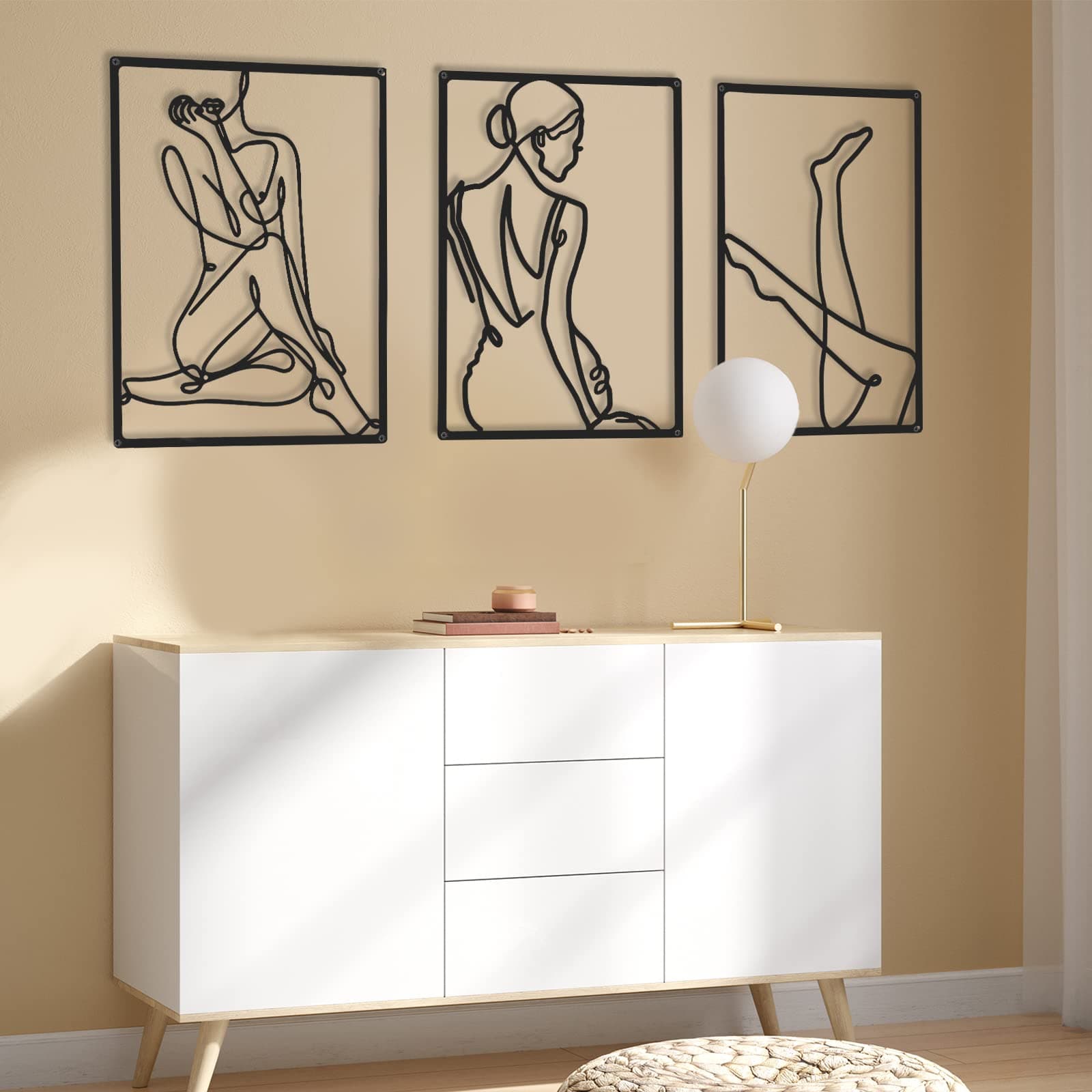 CHENGU 3 Pieces Metal Minimalist Abstract Woman Wall Art Line Drawing Wall Art Decor Single Line Female Home Hanging for Kitchen Bathroom Living Room