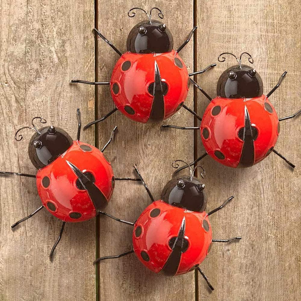 Metal Ladybugs Garden Wall Art Decor Fence Decorations for Backyard Garden Lawn Porch with Red and Black Spots Easy Hanging Yard Wall Ornament Set of 4 Outdoor Wall Decor