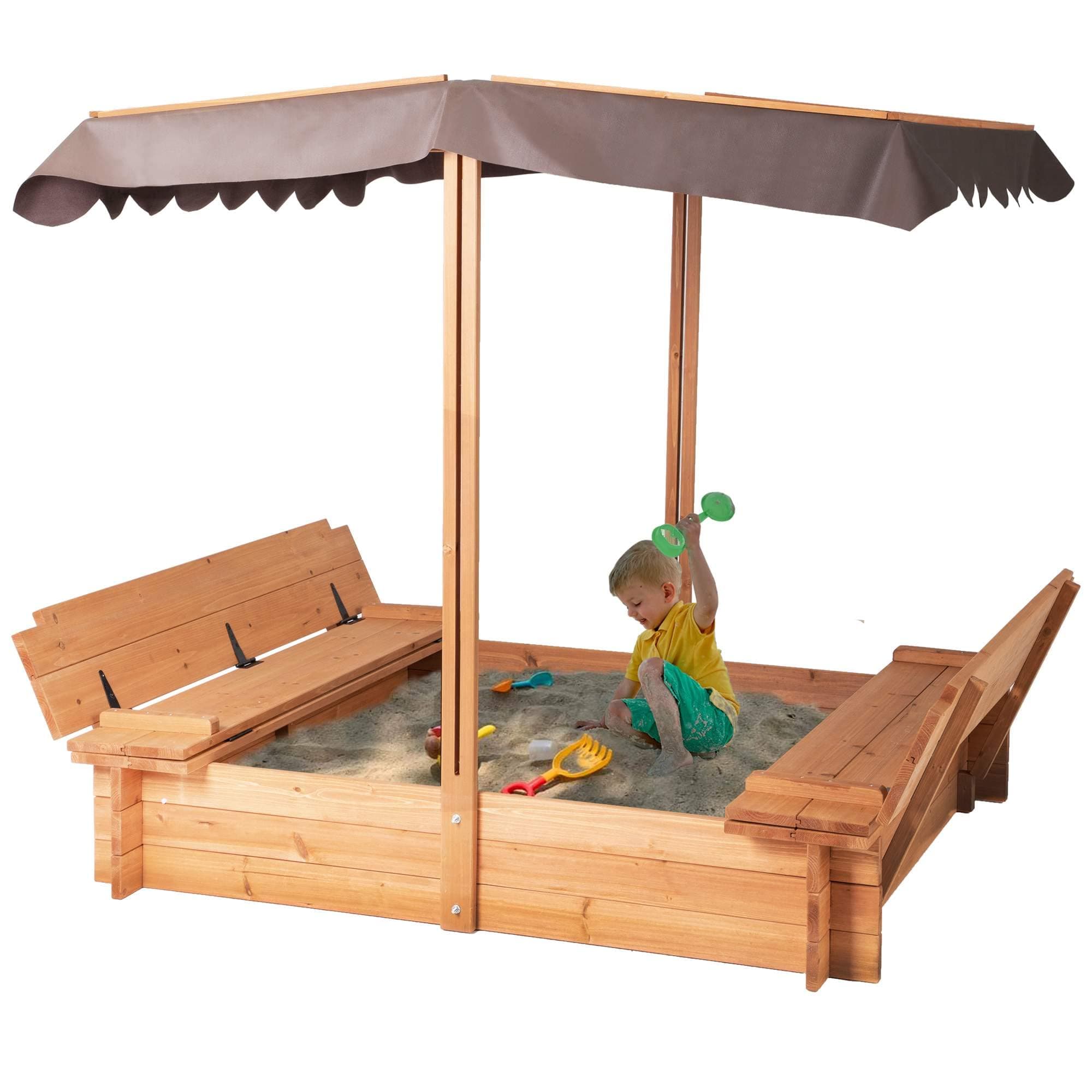 BIRASIL Wood Sandbox with Cover, Sand Box with 2 Bench Seats for Aged 3-8 Years Old, Sand Box for Backyard Garden, Beach Patio Outdoor (Natural Wood, 48 Inch)