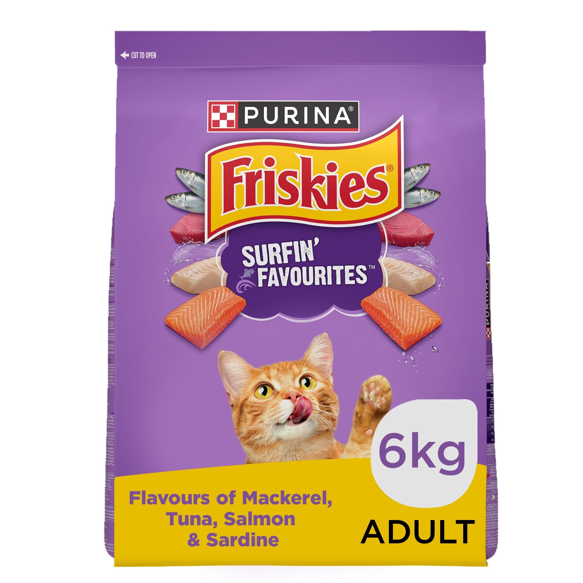 FRISKIES Purina Friskies Surfin' Favourites Adult Cat Food, Mackerel Tuna Salmon & Sardine Flavours, 6.5 Kg Pack, Granule