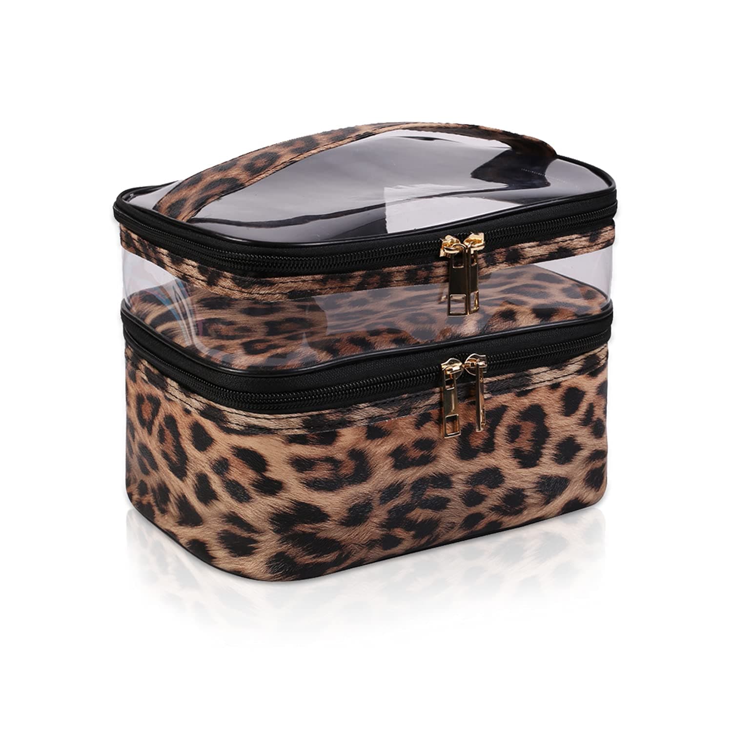 Double-layer Cosmetic Bag Makeup Bag Travel Makeup Bag Makeup Bags for Women Cosmetics Cases Portable Waterproof Foldable (Leopard)