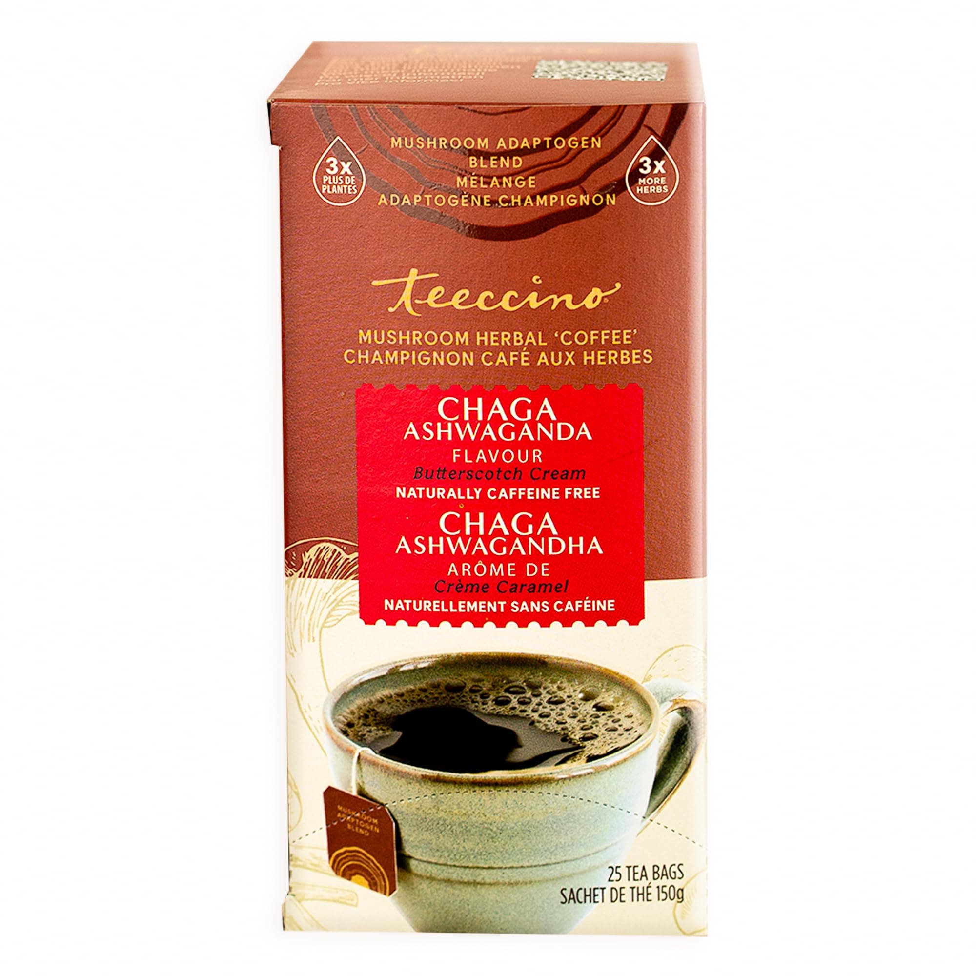 – Teeccino Chaga Ashwagandha Herbal Tea - Butterscotch Cream, Organic Mushroom Adaptogenic, 3x More Herbs, Prebiotic - 25 Tea Bags