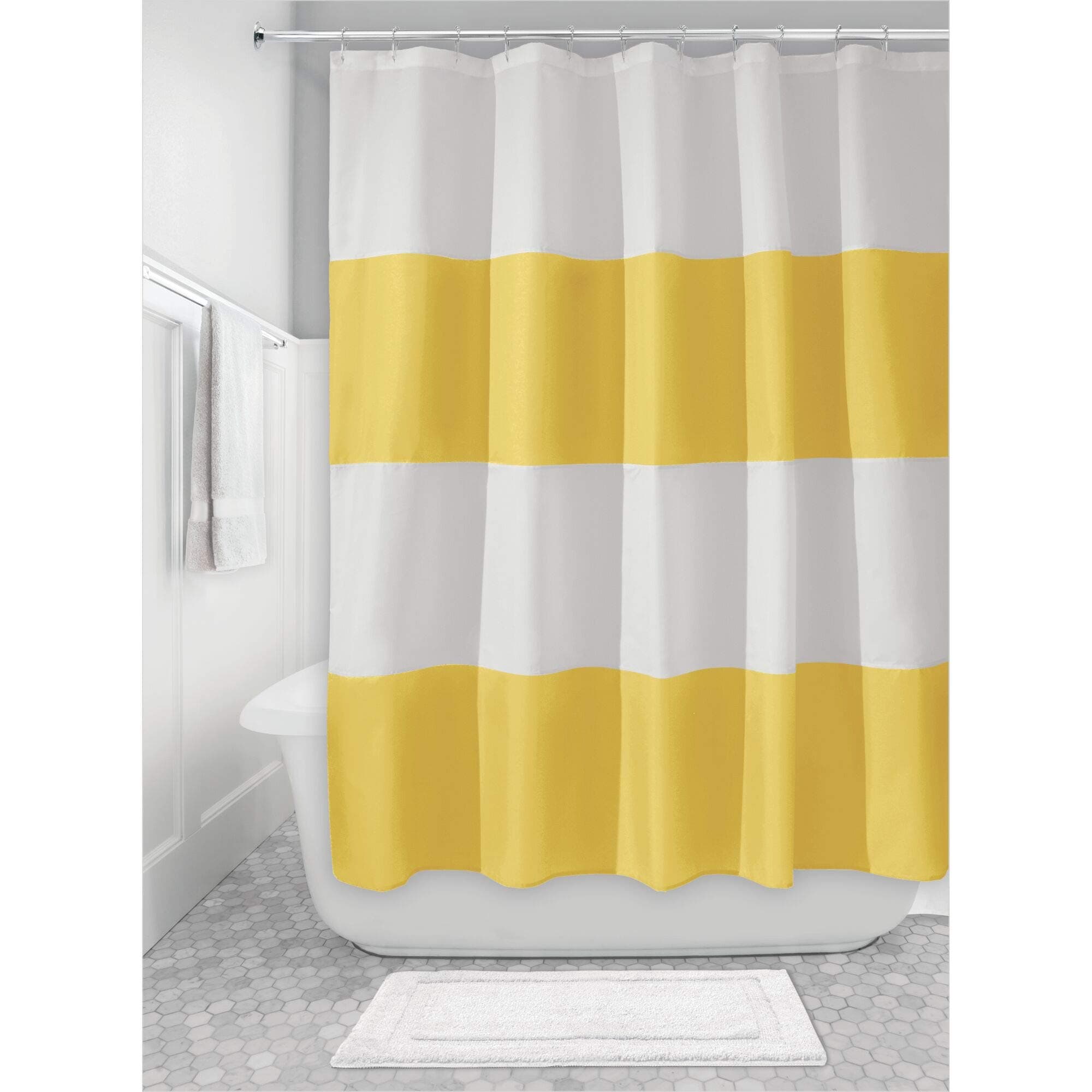 iDesign Zeno Fabric Shower Curtain, Long Polyester Shower Screen with Block-Colour Pattern Design, Yellow/White
