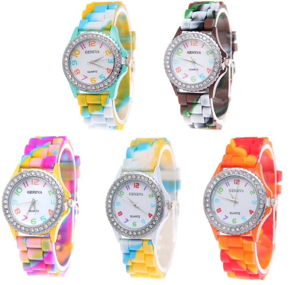 5 Pack Rhinestone Colorful Silicone Jelly Wristwatches for Women Wholesale Watch Set
