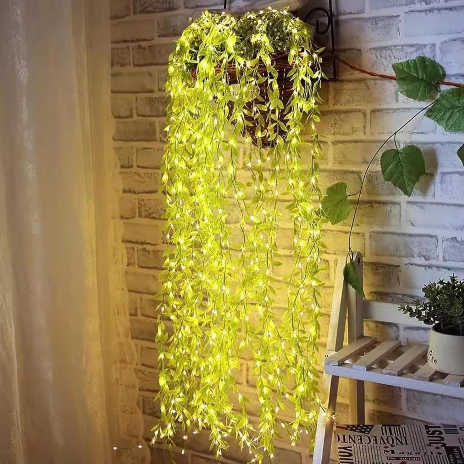 Quicknik Artificial Vine Leaf Curtain LED String Light, 200 LEDs, 8 Modes, Remote Control, Adjustable Brightness for Bedroom, Garden, Birthday, Party Lights, Home Decoration (Warm White,3X1Meter)