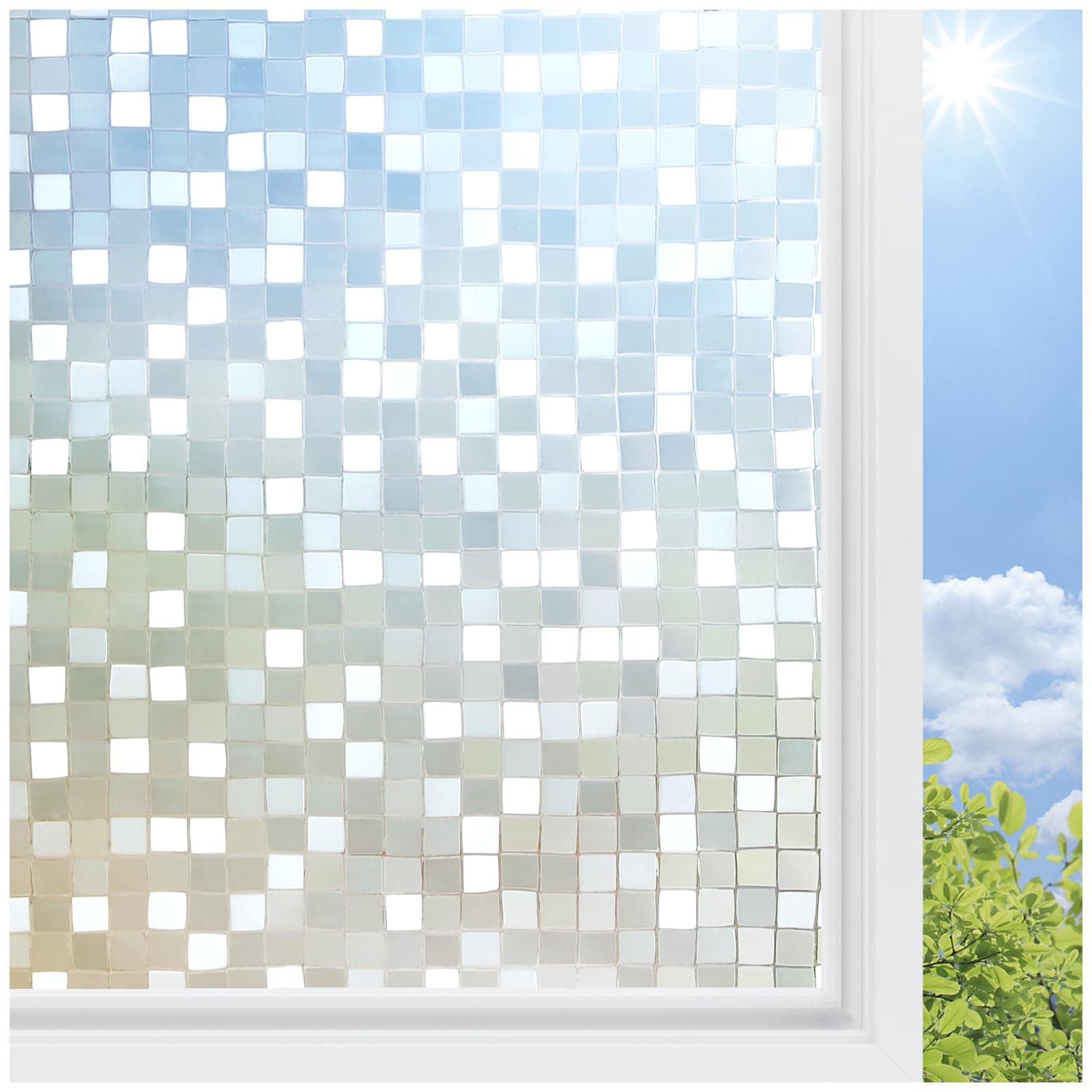 rabbitgoo Window Privacy Film Stained Glass Window Film, 3D Square Mosaic Decorative Static Cling Glass, Removable Vinyl UV Blocking Stickers for Home, 17.5 x 78.7 inches