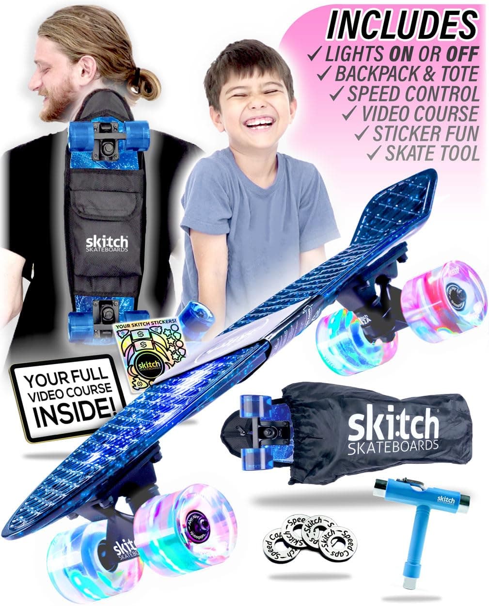 SKITCH Skateboards for Kids, Teens and Adults | Premium Skateboard Gift Set for Beginners and Pros Complete with Mini Cruiser Board + Skateboard Backpack + Video Course + Speed Control + Skate Tool