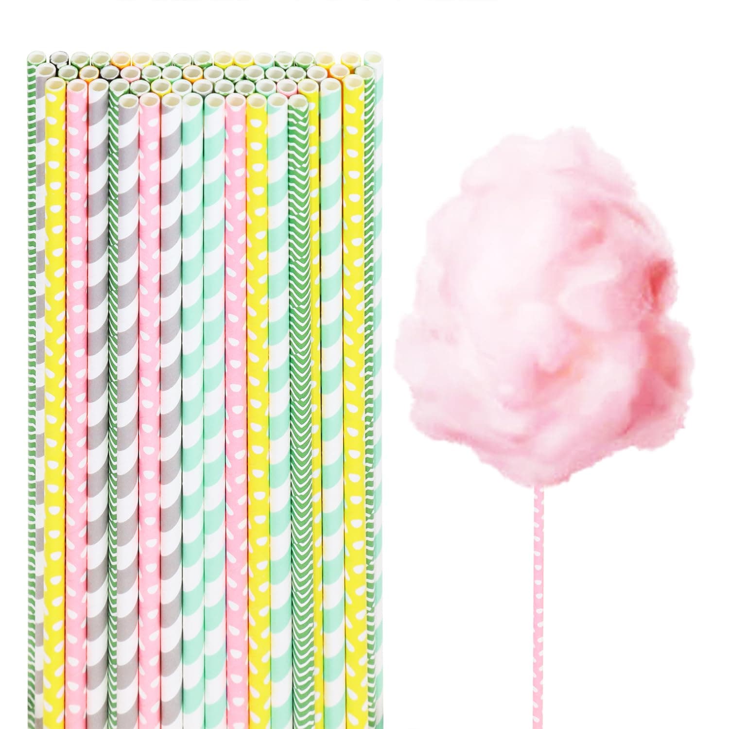 Cotton Candy Cones Penta Angel 50Pcs 13.8” Random Color Cotton Candy Holder Stick Paper Straw Cones for Birthday Wedding Party Candy Making (Random Color, 50)