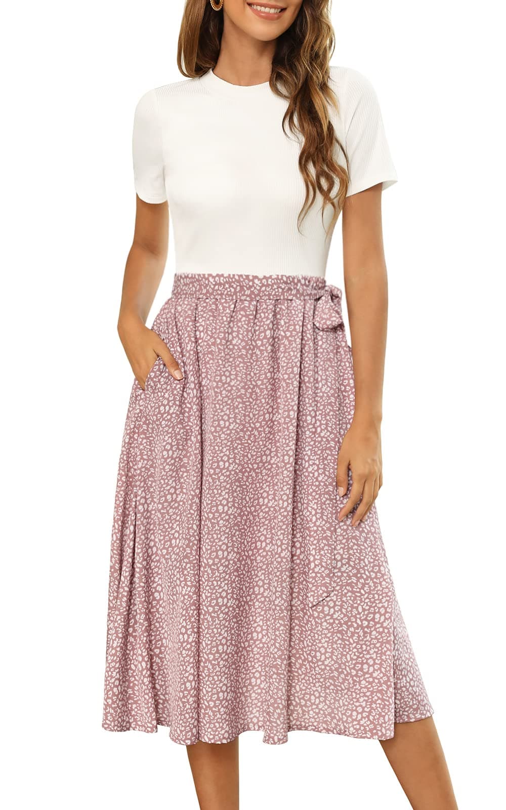 Zattcas Women 2026 Summer Dress Short Sleeve Ribbed Teacher Church Modest Business Casual Work Outfits Midi Dress