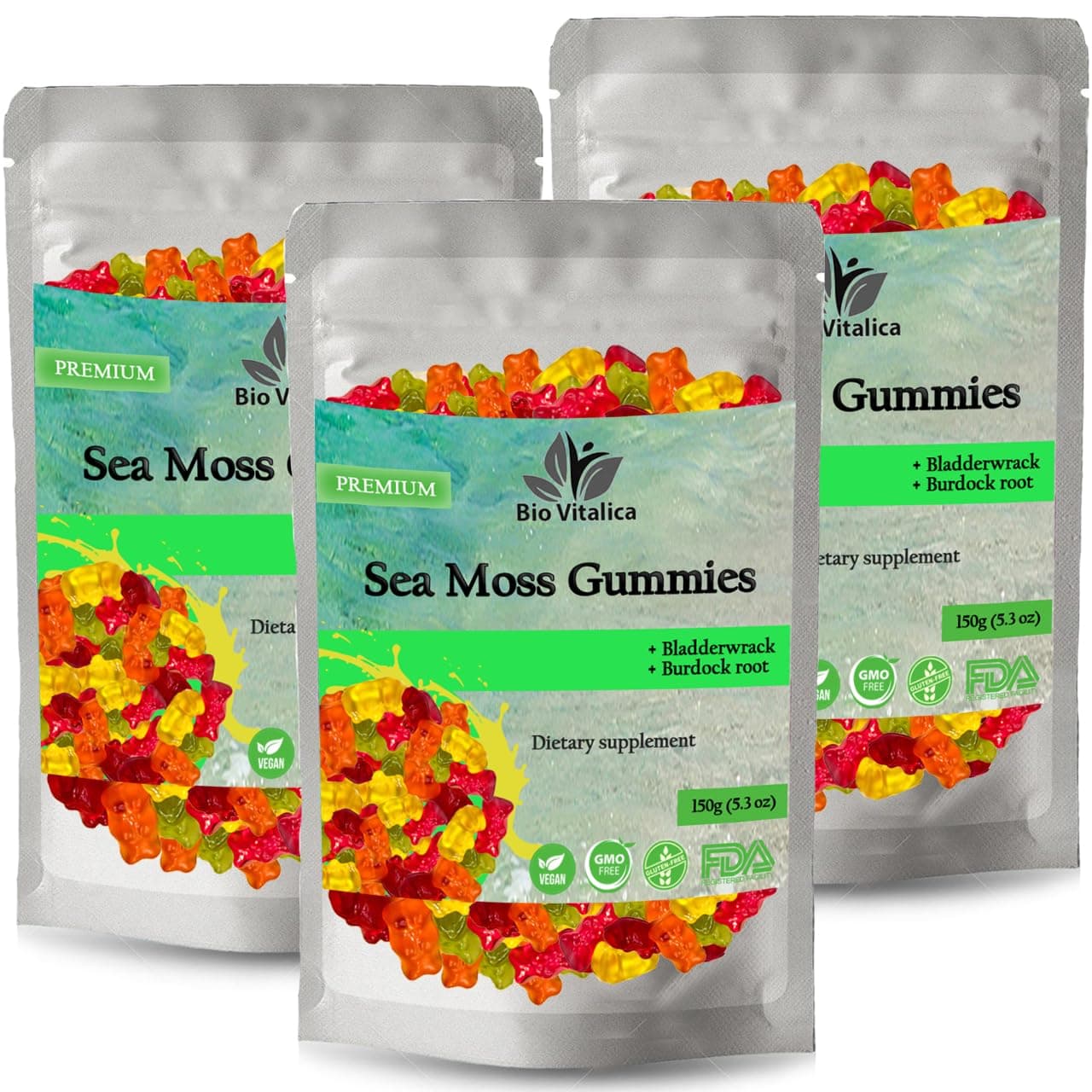 BIO VITALICA Sea Moss Gummies – with Bladderwrack & Burdock Root – Wildcrafted Gel + Powder – Vegan, Keto, Non-GMO, Gluten-Free – Fruity Mineral-Rich Gummies – 50 Count (3 Pack)