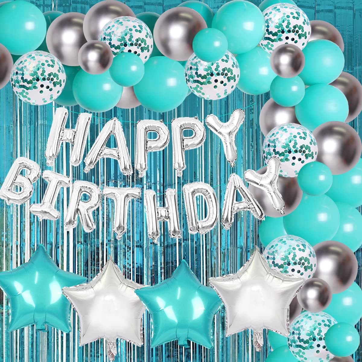 Teal Blue Birthday Decorations Set with Happy Birthday Balloons Banner Turquoise Blue and Silver Balloons Curtain for Teal 30th 40th 50th Bady Baby Shower