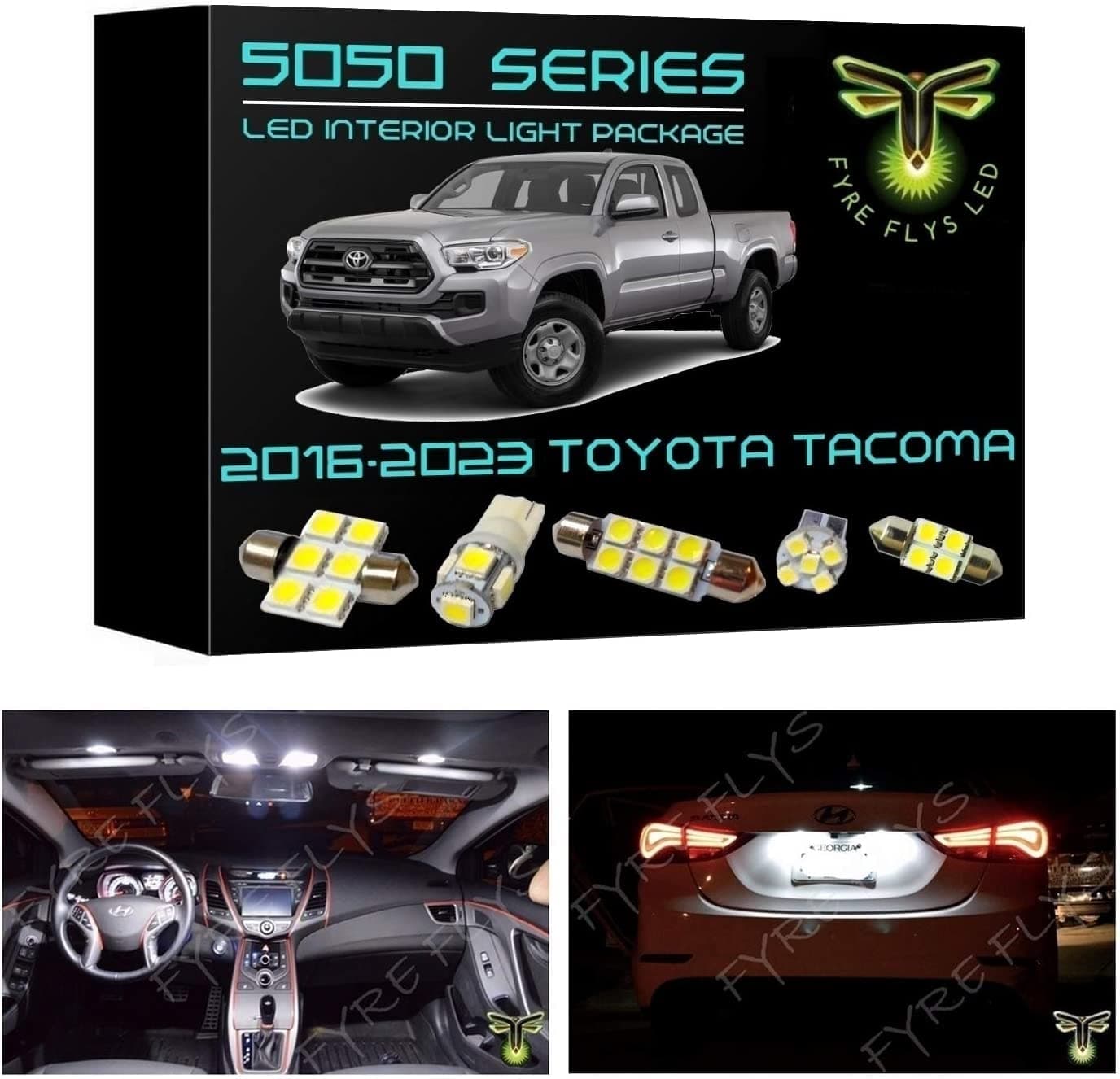 Fyre Flys 9 Piece White LED Interior Lights for 2016 2017 2018 2019 2020 2021 2022 2023 Toyota Tacoma 6000K 5050 Series SMD Package Kit and Install Tool