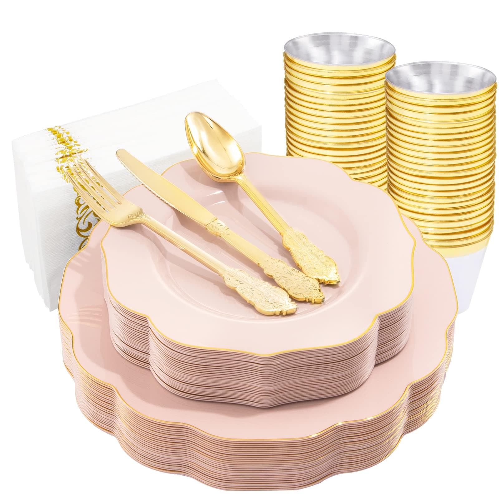 NOCCUR 175PCS Pink Plates with Gold Disposable Silverware - Include 50 Pink Plastic Plates,25 Knives,25 Forks,25 Spoons,25 Cups and 25 Napkins - Ideal for Party/Wedding/Mother's Day