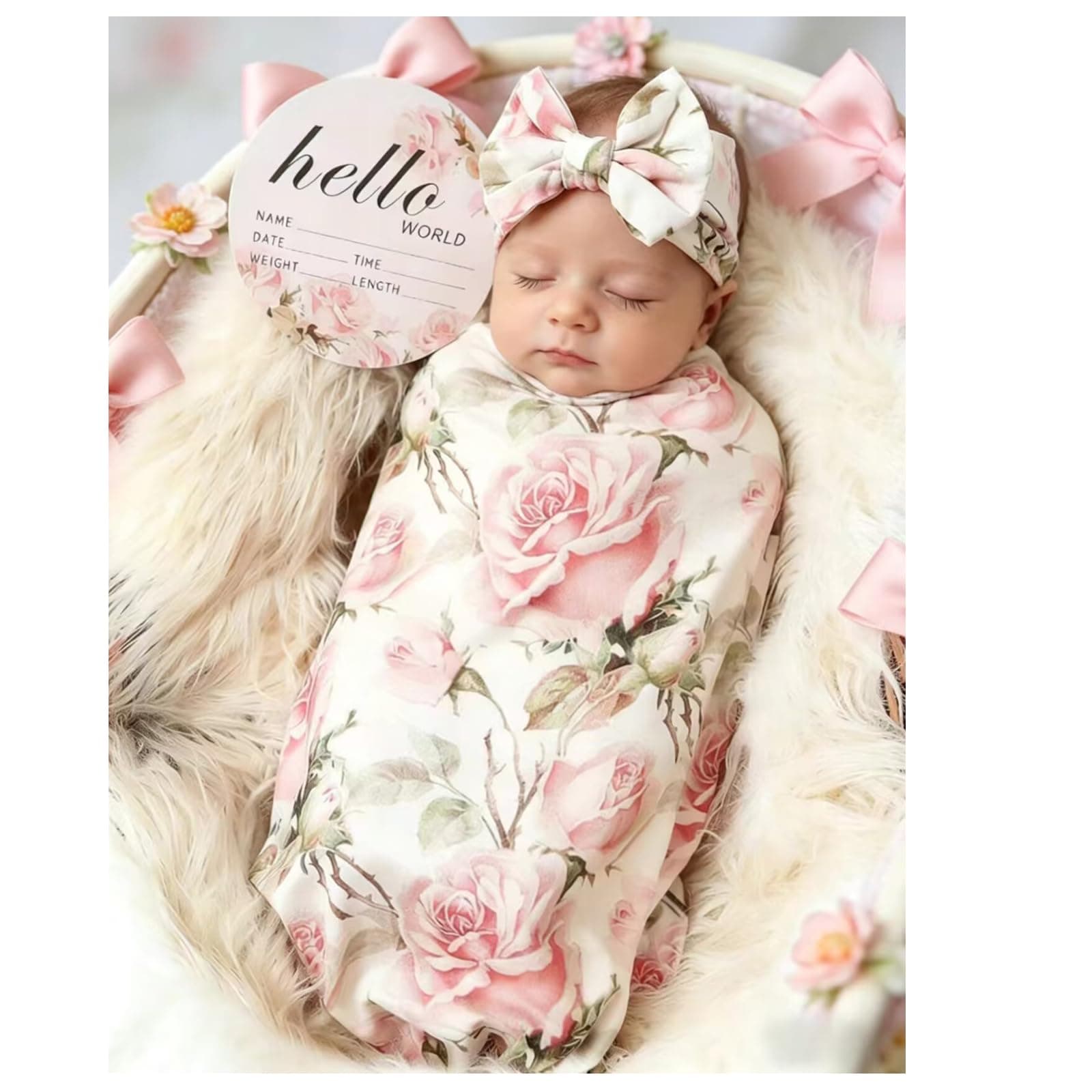 Galabloomer Newborn Receiving Blanket Headband Set Baby Flower Swaddle (Vintage Flower)