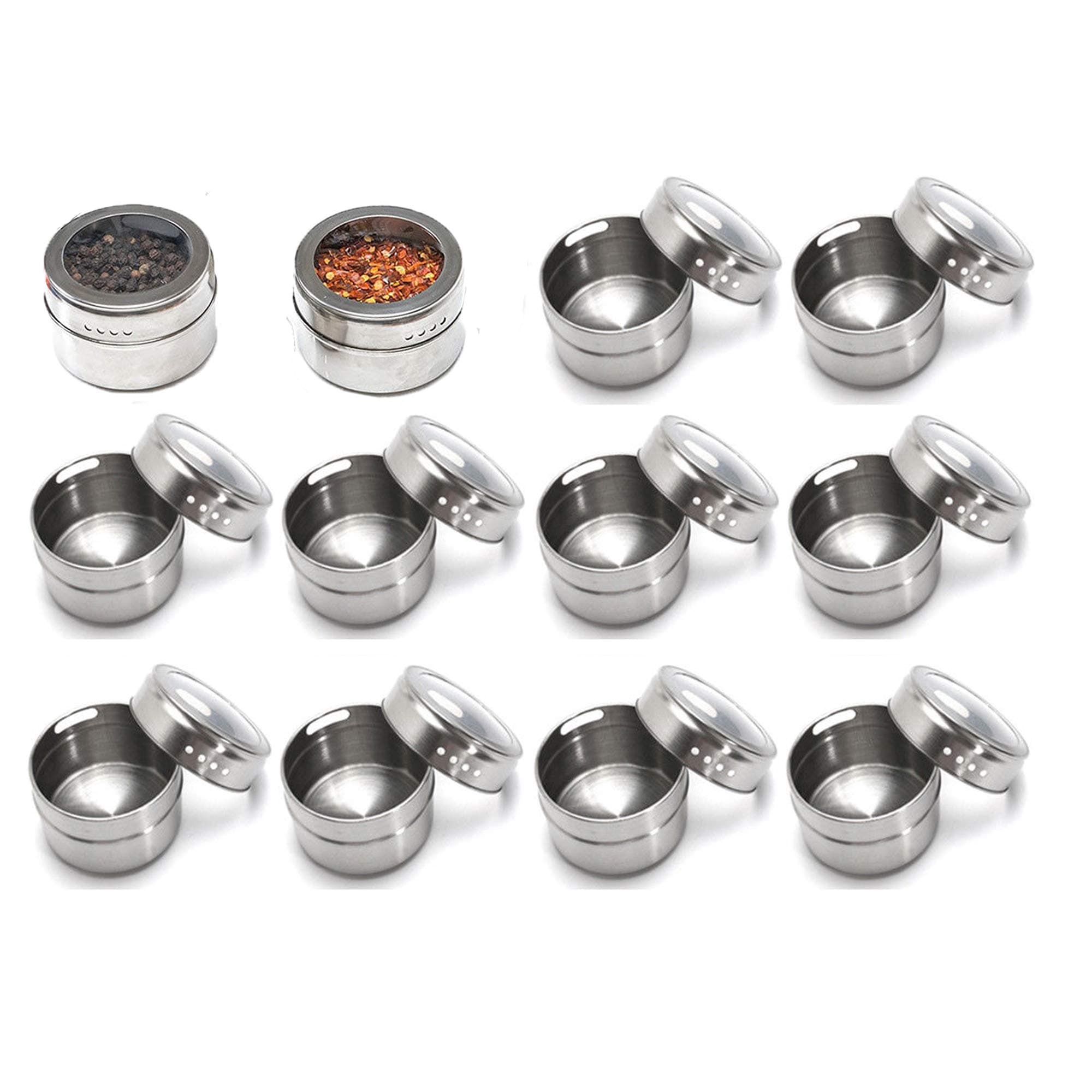 Sonicee Magnetic Spice Tin,Stainless Steel Storage Salt Pepper Herbs Round Storage Container Jars with Clear Lid,Save Counter & Cupboard Space(12 pcs)
