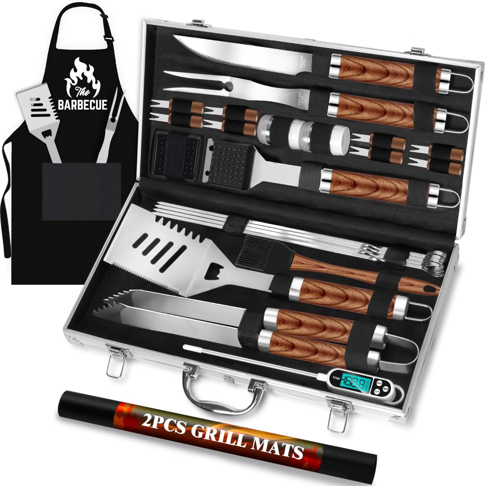 ROMANTICIST 26pcs Grilling Gifts for Men, Dad Gifts for Father's Day, Stainless Steel BBQ Grill Accessories Tools Set, Heavy Duty BBQ Utensils Kit with Apron, Thermometer, Mats in Aluminum Case Brown