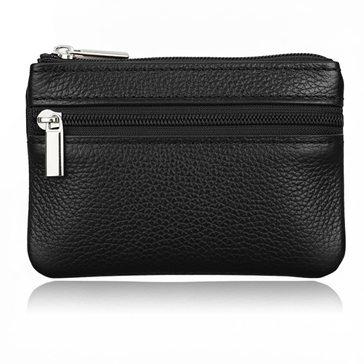Black Small Mini Size Leather Coin Purse Change Pouch for Women Men Kids with Zip Key Ring