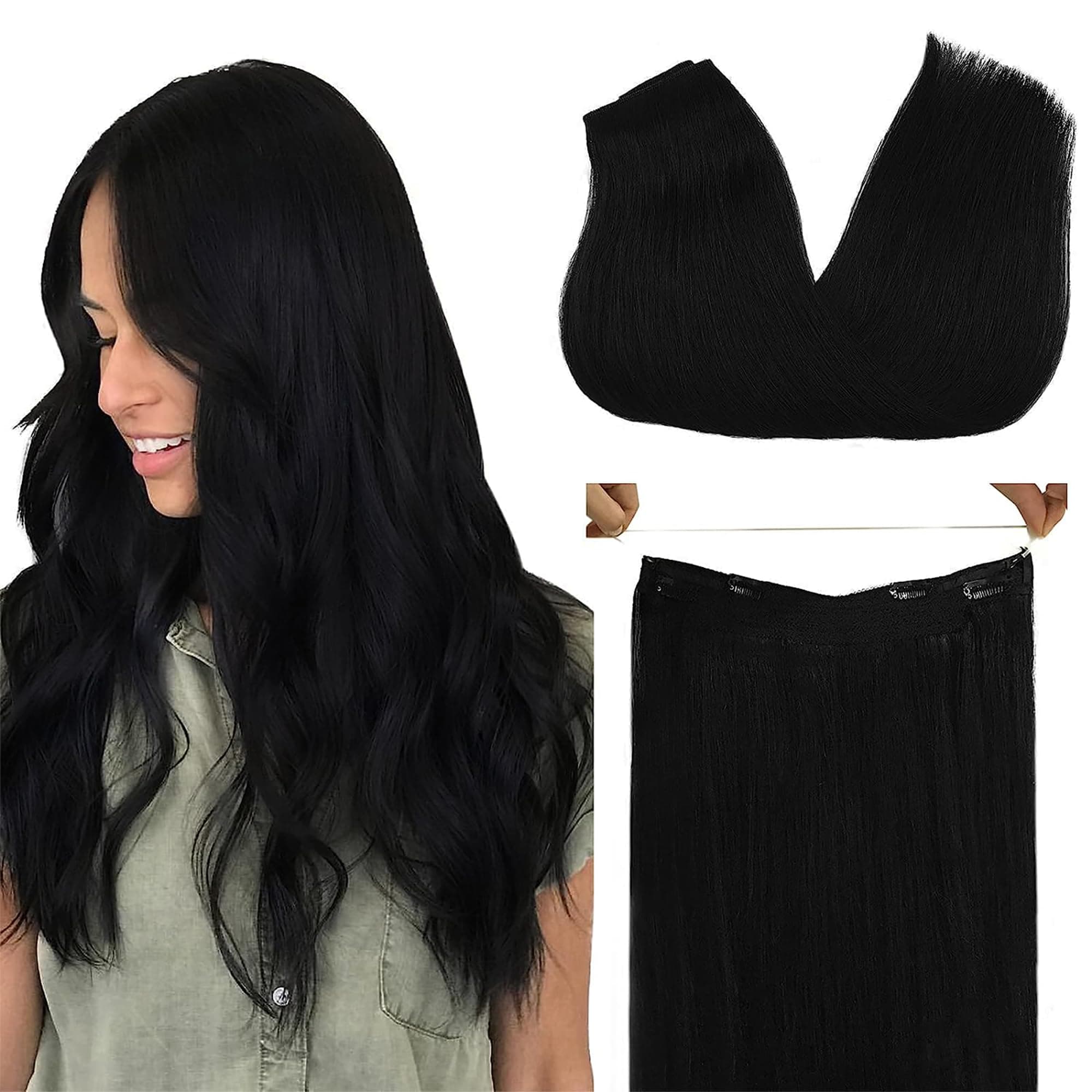 GOO GOO Wire Hair Extensions Human Hair, 1 Jet black Natural 14inch 75g, Invisible Wire Hair Extensions with Transparent, Seamless Fish Line Hairpiece